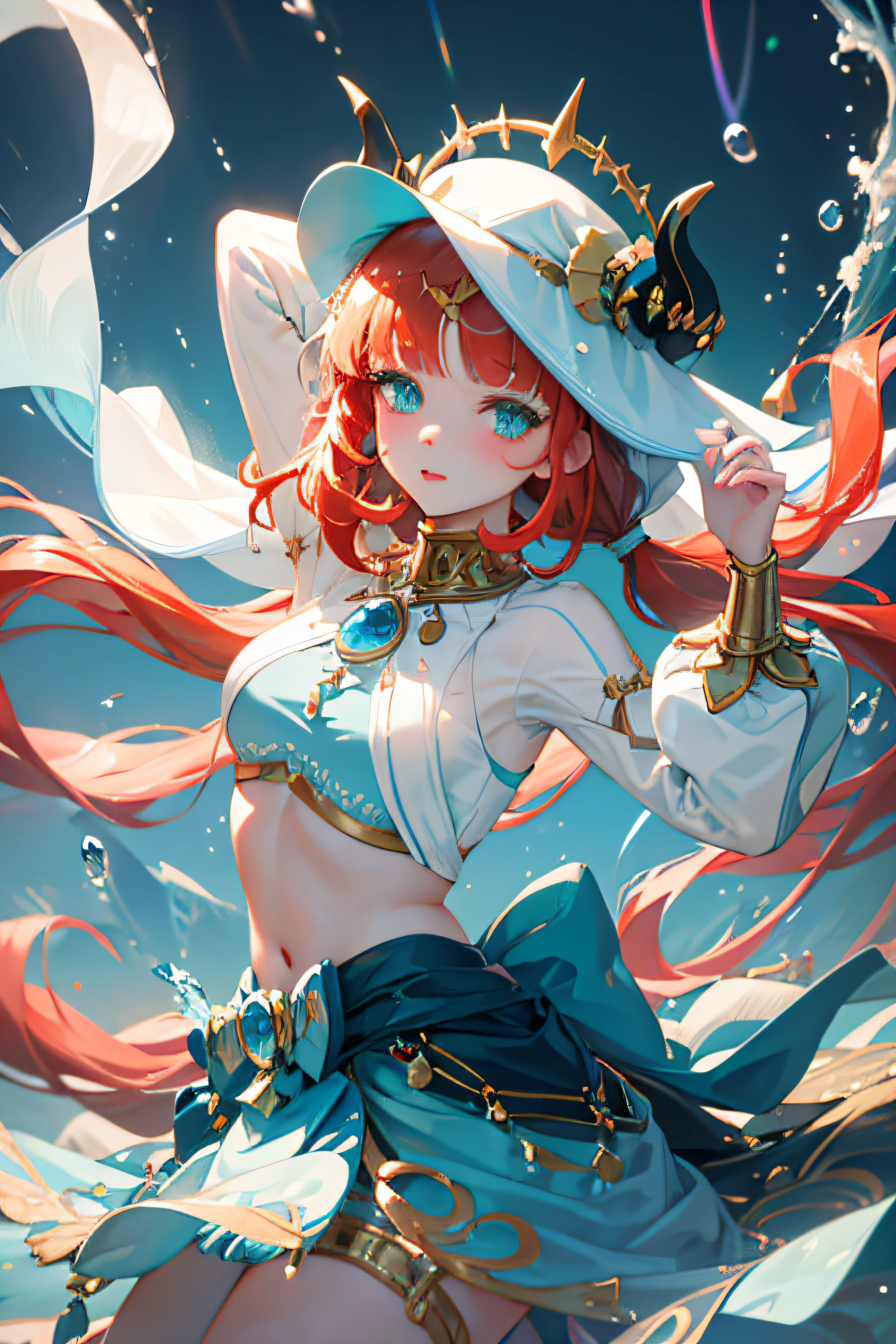 1 Girl solo, red hair clothes, Cyan eyes, Blue and white flowing clothes, golden accessories, dance, Sunnyday, iridescent light, glowing, rain drops