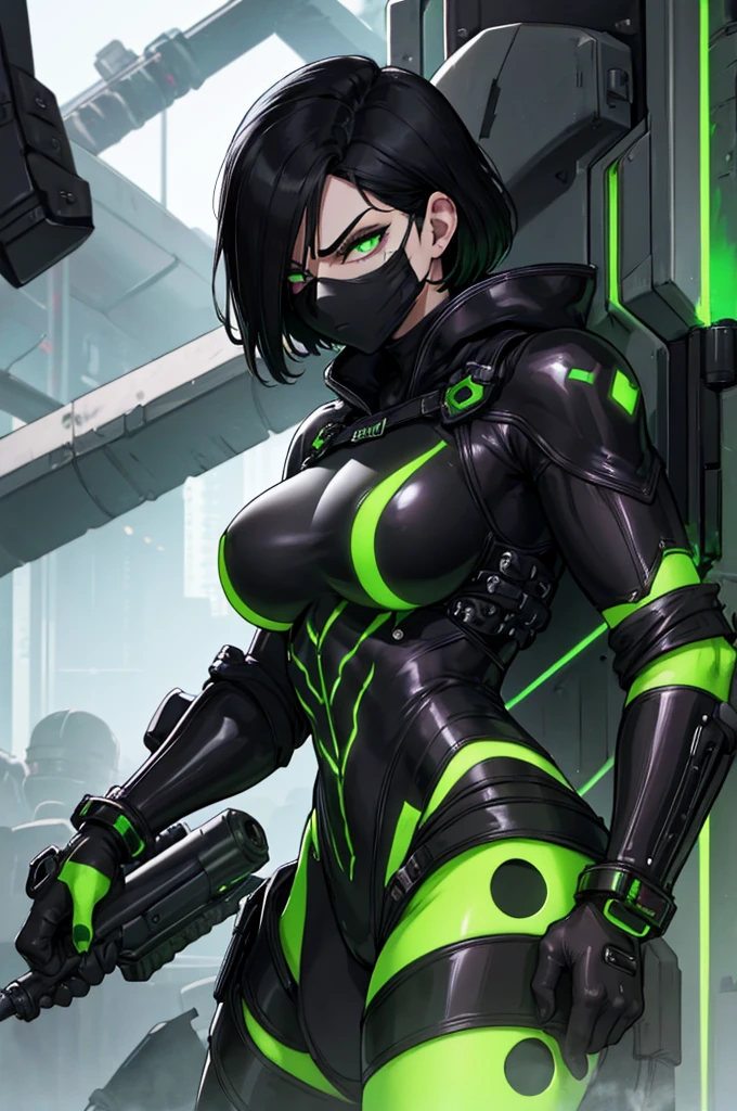 Strong woman villain, Angry face, Black mask over eyes, Short black hair, Green glowing eyes, black Rubber bodysuit, Long black rubber gloves, long black rubber boots, silver machine attached to back, green liquid tubes attached to back, Green liquid wires on wrist attached to machine on back.