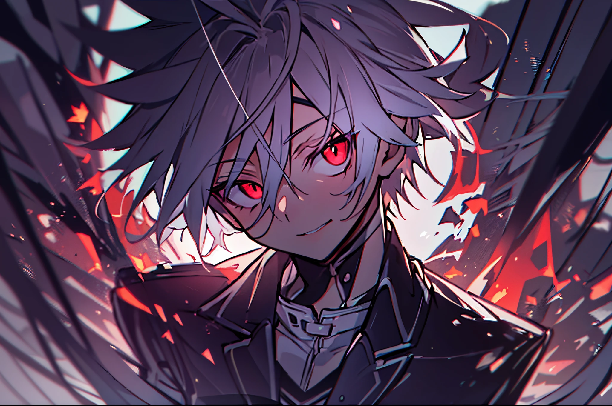 ((One Person)),Anime boy with white hair and red eyes staring at camera, Glowing red eyes,slim, dressed in a black outfit,monochromes,hair messy,deadpan、Diagonal angle,