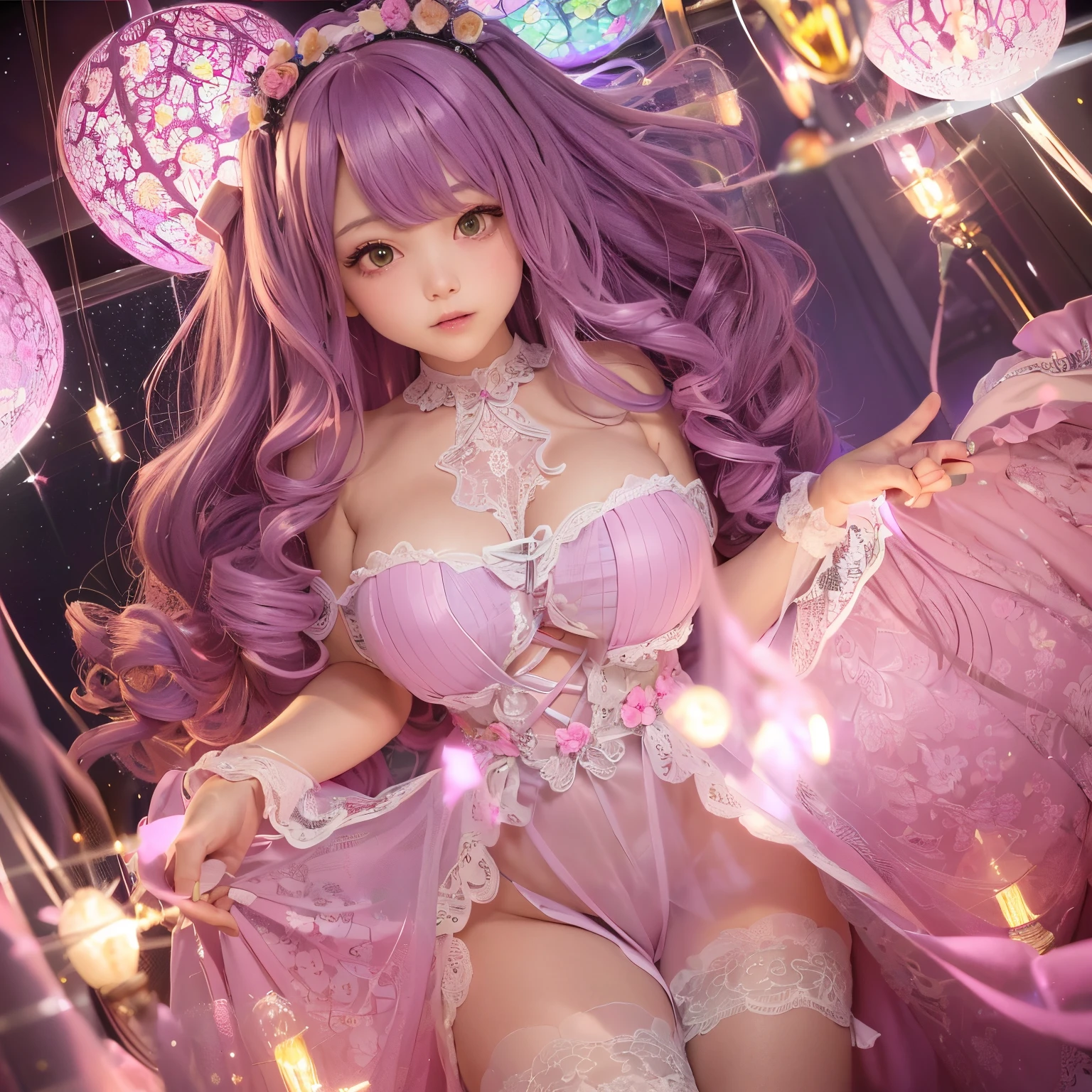 The upper part of the body、one girls、i have purple hair color、Two-tone、(Pink Highlight Hair、Curly hair/floral hair band、very Bigger breasts、negligee、garterbelts、bura(Emphasize pink floral lace)Holding a shining wand..、Shining magic circle、Countless glowing spheres float、Glowing soap bubbles、shining chandelier