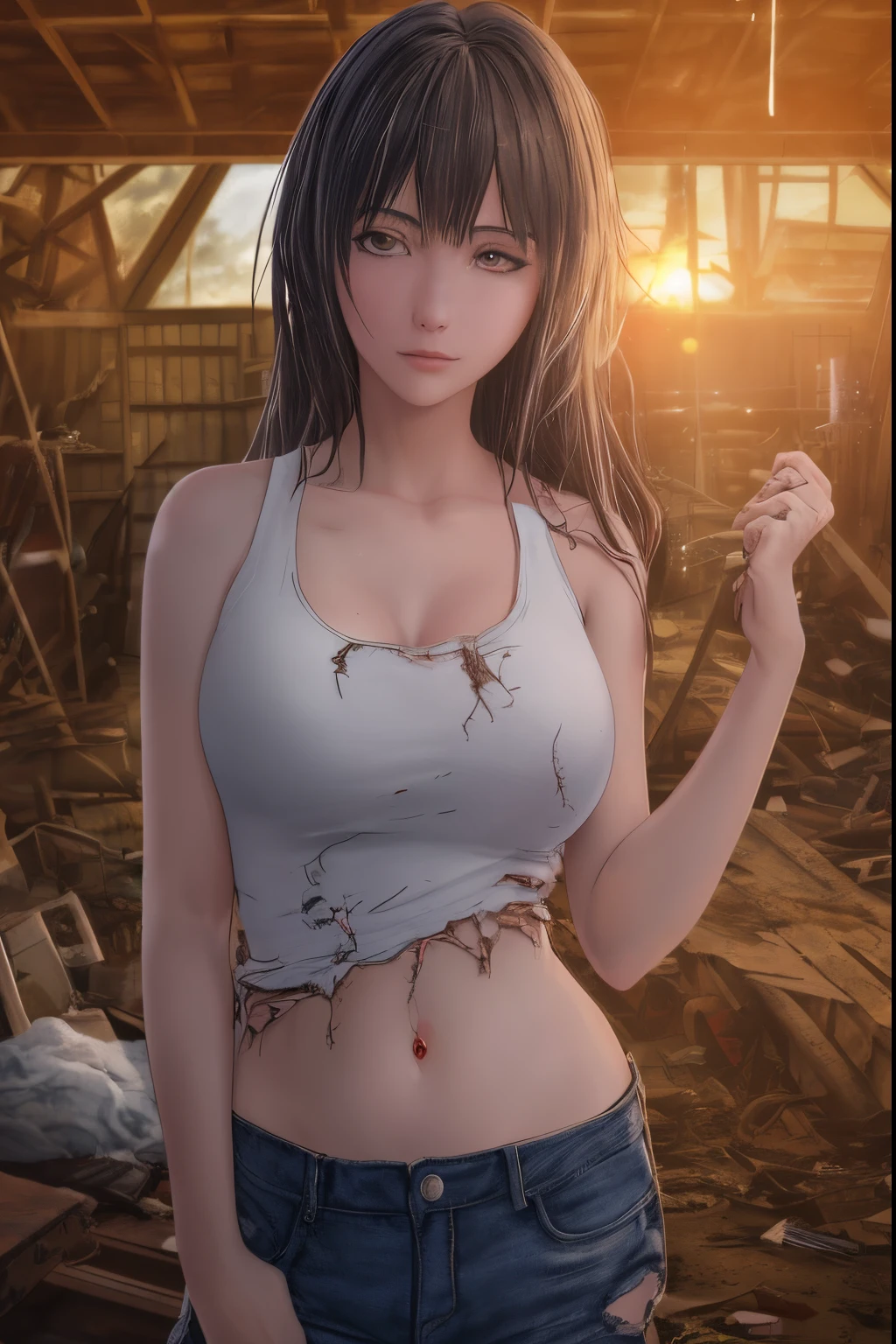 detailed photo of ((anime woman inside a cluttered barn wearing sexy worn-out torn cotton tanktop)), ((detailed realistic face and eyes)), cinematic lighting, 8k resolution, (modelshoot style), sunset, (from_below:1.4)