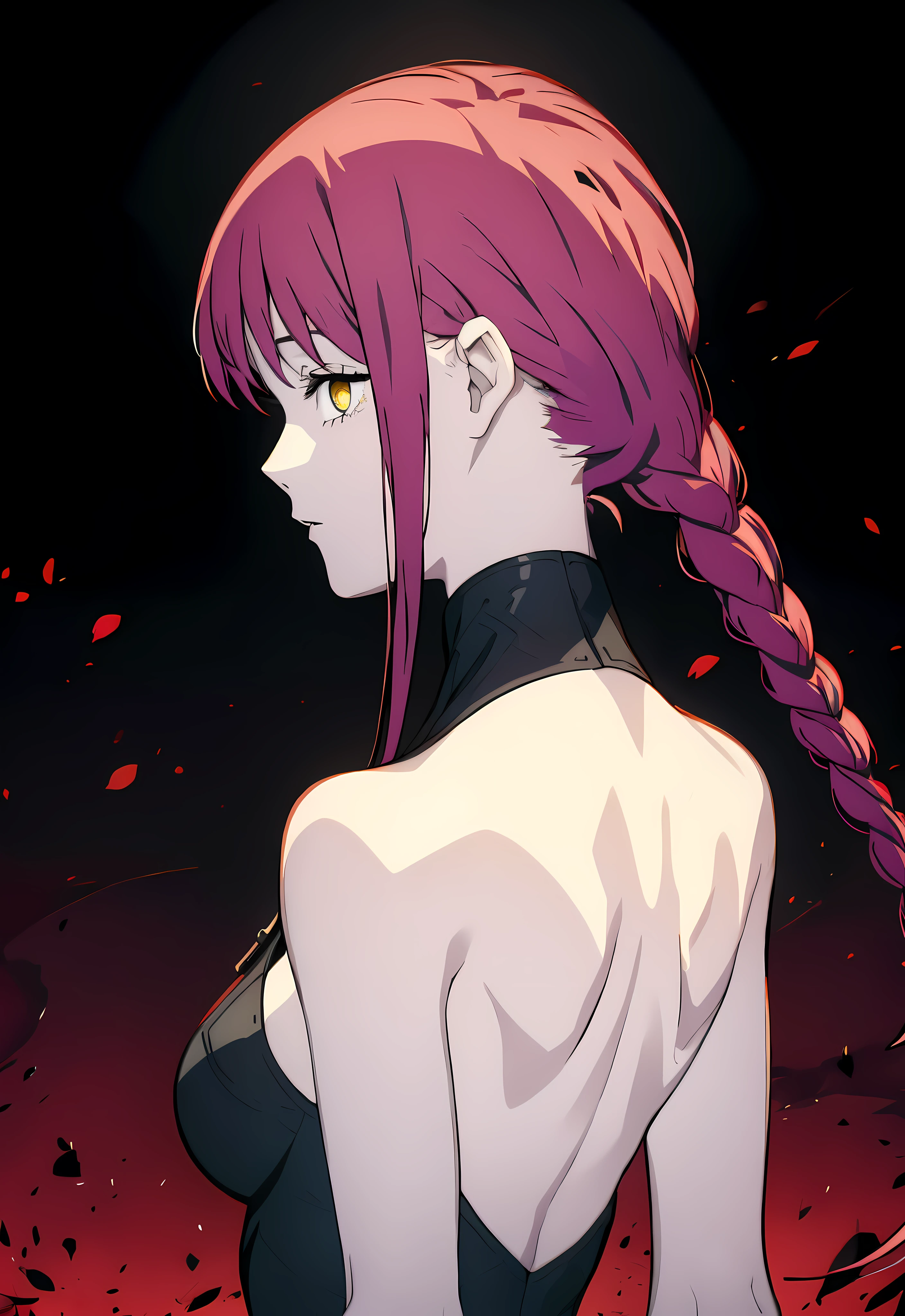 (masterpiece:1.2), (pale skin:1.2), (solo:1.2), (female:1.1), (emphasis lines:1.3), red hair, bare back, shoulder blades, from behind, bare shoulders, braids, yellow eyes