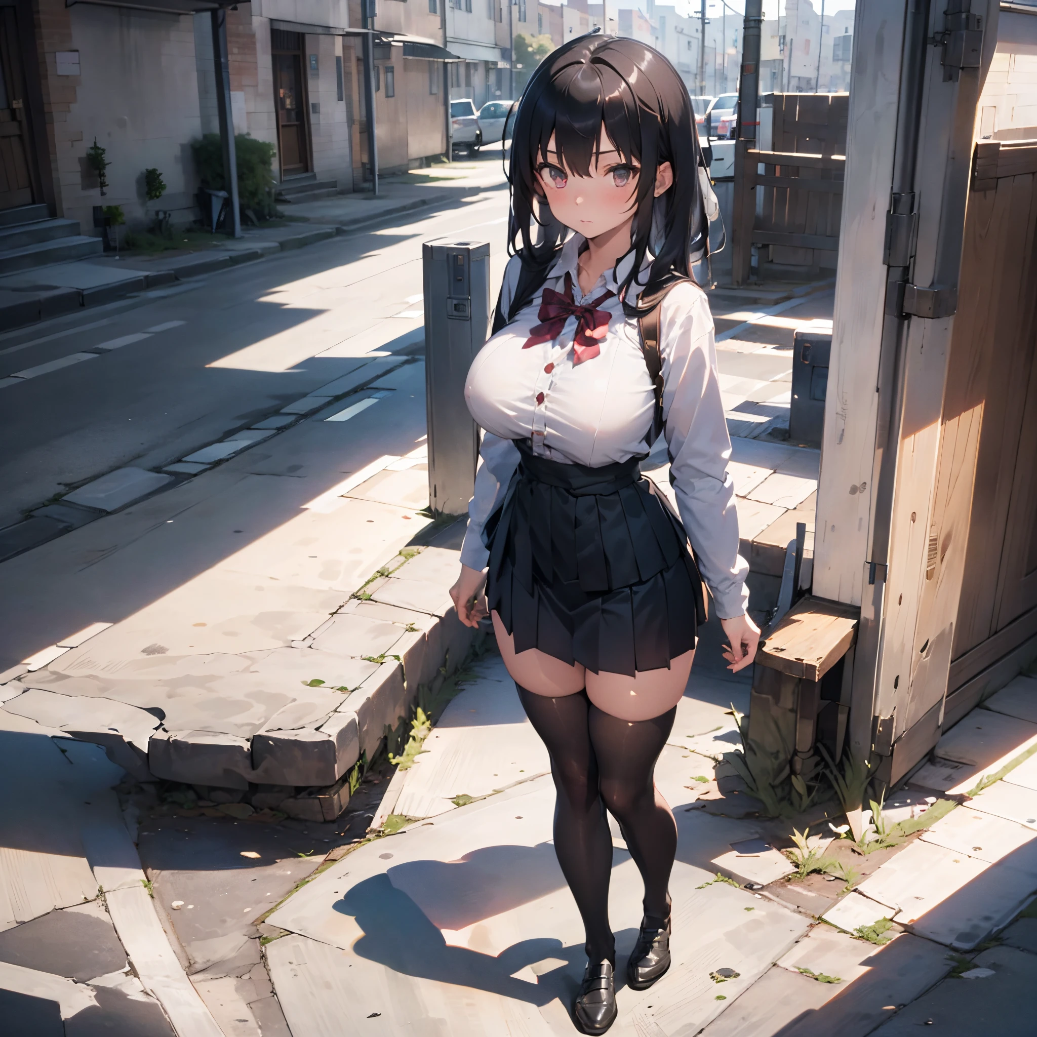 (1 girl standing:1.3), (solo:2.0), (huge perky breasts:1.7), (thin waist:1.3), (thin long legs:1.5), (black thighhighs:1.3), (very short skirt:1.5), nose blush, school uniform