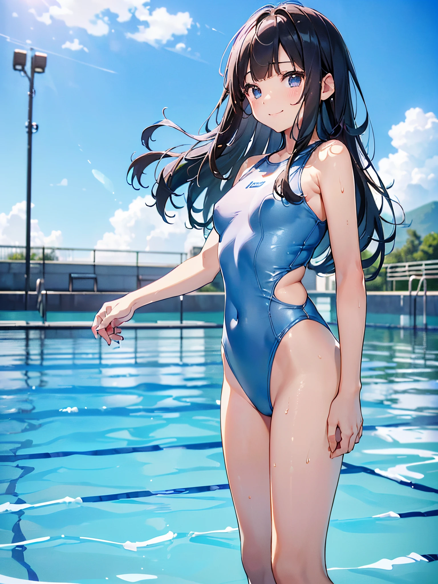 ((4ｋ、8ｋ、top-quality、Perfect Finger：1.3、Perfect Anatomy：1.3、Blur the background))、((a 、14years、Small breasts))、（sht long hair）、a smile、（swim wears）、Full body depiction、zoomout、in poolside、twogirls、