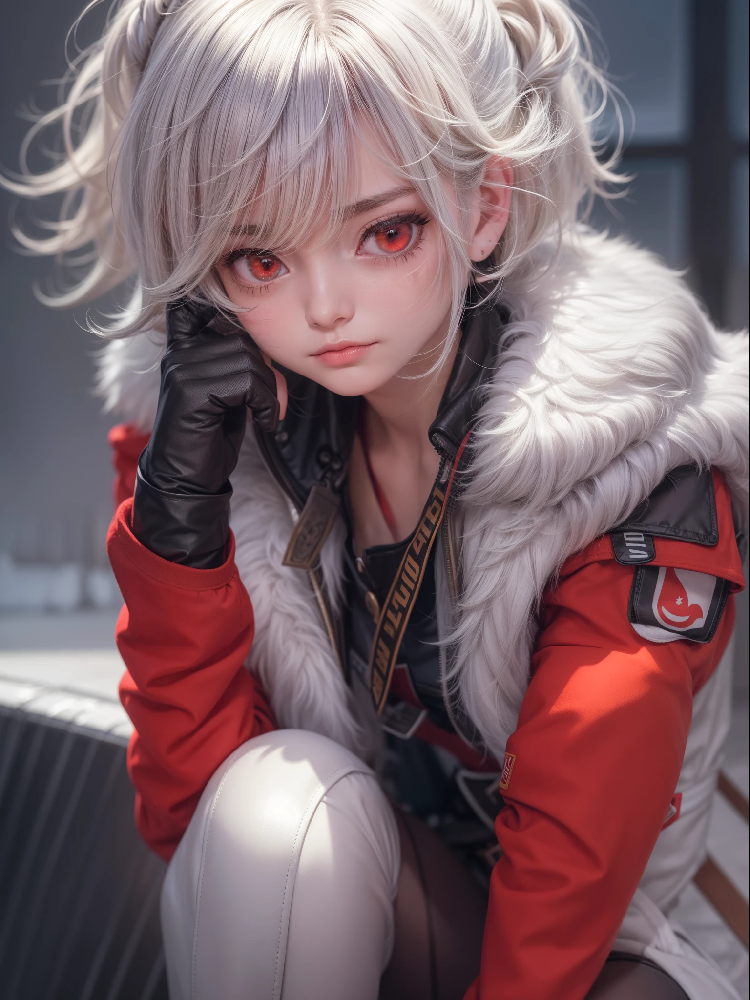 masterpiece , a girl, in battlefield, ( lite white short hair:1.2), (red eyes:1.2), (Russian Millitary Uniform:1.2), (looks at the viewer:1.2) , (8k, best quality 1.2), ultra-detailed, 8k uhd, soft lighting, high quality, film grain, beautiful lighting, cinematic ,perfect body , best illumination, best shadow, sharpness, contrast, red glasses, messy hair, tactical vest, gloves, headset, absurdres high detailed face, samedoesart like