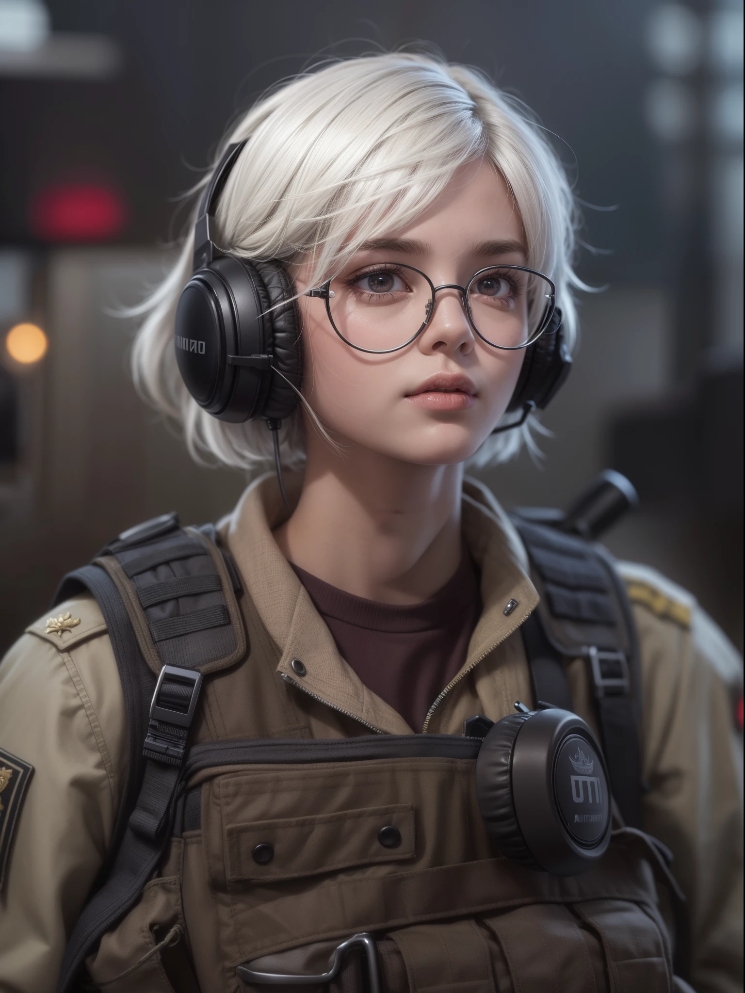 masterpiece , a girl, in battlefield, ( lite white short hair:1.2), (red eyes:1.2), (Russian Millitary Uniform:1.2), (looks at the viewer:1.2) , (8k, best quality 1.2), ultra-detailed, 8k uhd, soft lighting, high quality, film grain, beautiful lighting, cinematic ,perfect body , best illumination, best shadow, sharpness, contrast, red glasses, messy hair, tactical vest, gloves, headset, absurdres high detailed face, samedoesart like