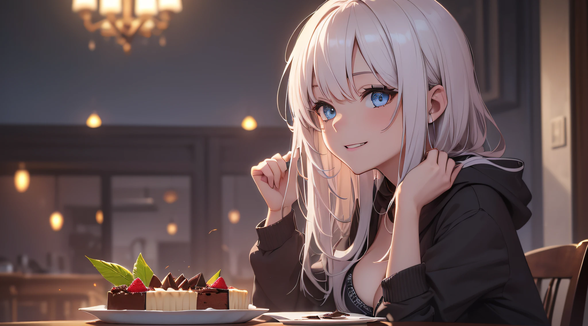 top-quality、Top image quality、masterpiece、teens girl((Black hoodie with open chest、Black skirt、18year old、 Ager、Best Bust、big bast,Beautiful light blue eyes, Long Blonde Hair、A slender,Large valleys、Reflecting the whole body、Laugh、The best smile、dye one's cheeks red、stare、the eyes are shining)),hiquality、Beautiful Art、Background with((party decoration night,a room、Parti、The table、wining、chocolate cake))masterpiece、depth of fields,