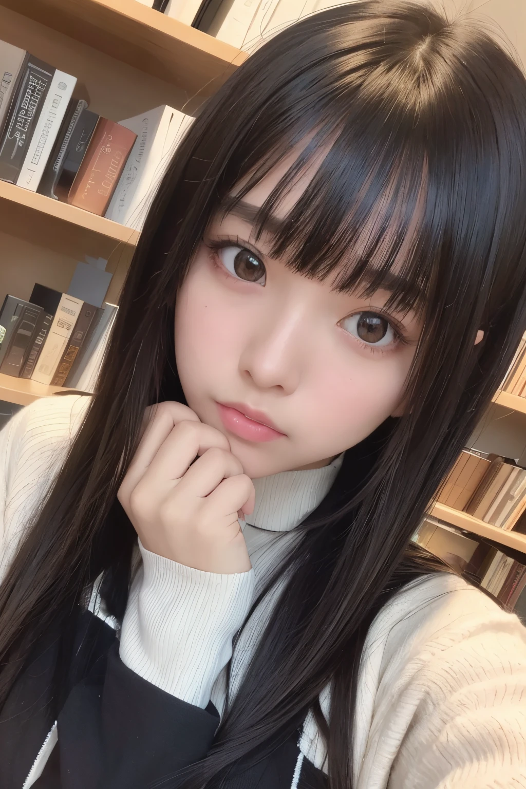 masterpiece, best quality,1girl, solo, black hair, realistic, long hair, black eyes, sweater, bangs, library, closed mouth, upper body, hime cut, selfie