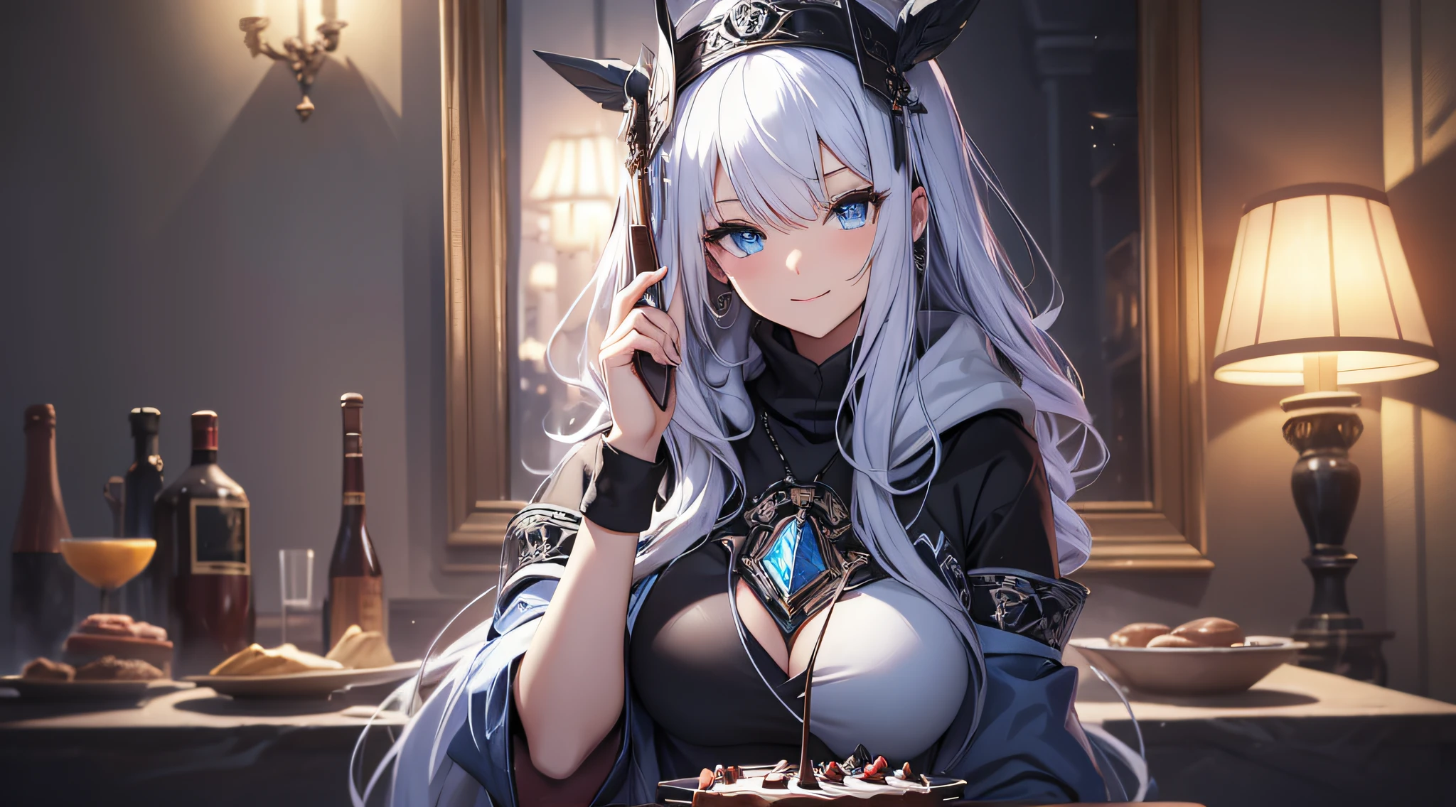 top-quality、Top image quality、masterpiece、s girl((Black hoodie with open chest、Black skirt、18year old、 Ager、Best Bust、big bast,Beautiful light blue eyes, Long Blonde Hair、A slender,Large valleys、Reflecting the whole body、Laugh、The best smile、dye one's cheeks red、stare、the eyes are shining)),hiquality、Beautiful Art、Background with((party decoration night,a room、Parti、The table、wining、chocolate cake))masterpiece、depth of fields,