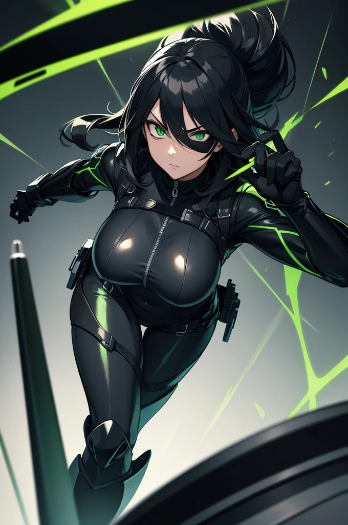 Strong woman villain, Angry face, Black mask over eyes, long black hair, Green glowing eyes, black Rubber bodysuit, Long black rubber gloves, long black rubber boots, silver machine attached to back, green liquid tubes attached to back, Green liquid wires on wrist attached to machine on back.