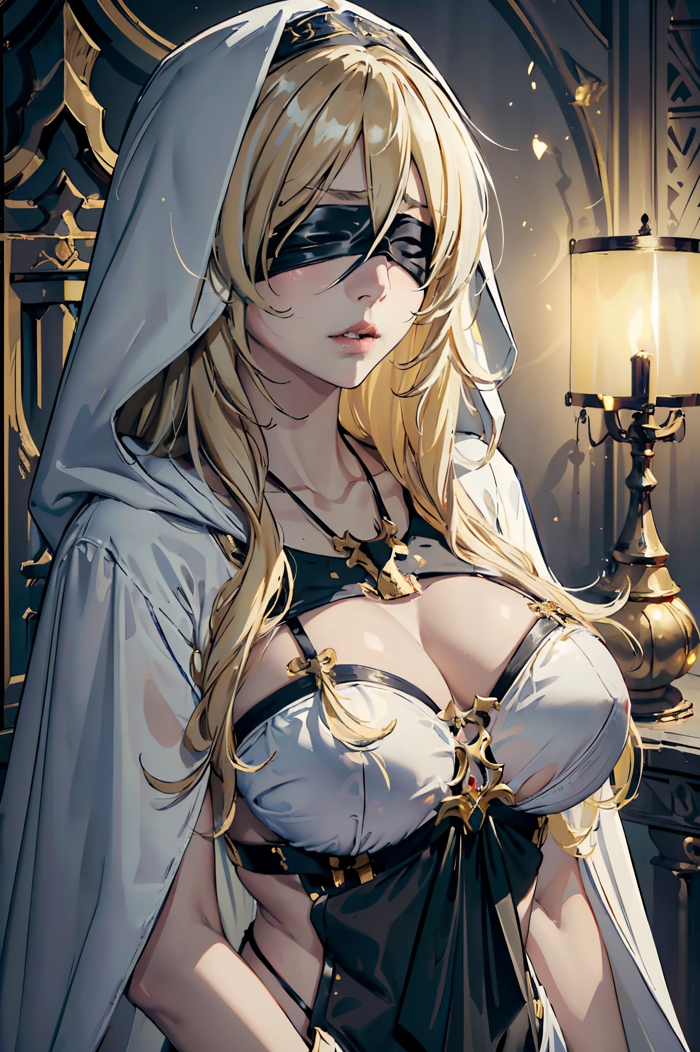 (masterpiece, top quality, best quality, official art, beautiful and aesthetic:1.2), 1girl, priestess, long light blonde hair, messy hair, (wearing black blindfold:1.3), large breasts, cleavage, (white revealing robe, gold trim), (white hood:1.2), extreme detailed, colorful, perfect face, upper body, HDR, (light streaks), striking visuals, vibrant colors, temple background