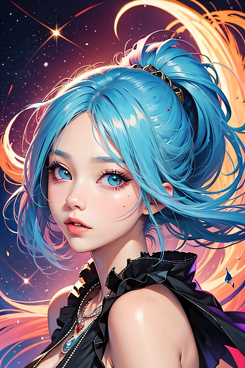 Close-up of a woman with colorful hair and necklace, anime girl with cosmic hair, soft vitality of Rossdraws, artwork in Guvez style, fantasy art style, colorful], vibrant fantasy style, Rossdraws cartoon full of vitality, cosmic and colorful, Guweiz, colorful digital fantasy art, stunning art style, beautiful anime style, white skin, Spider-Man costume,