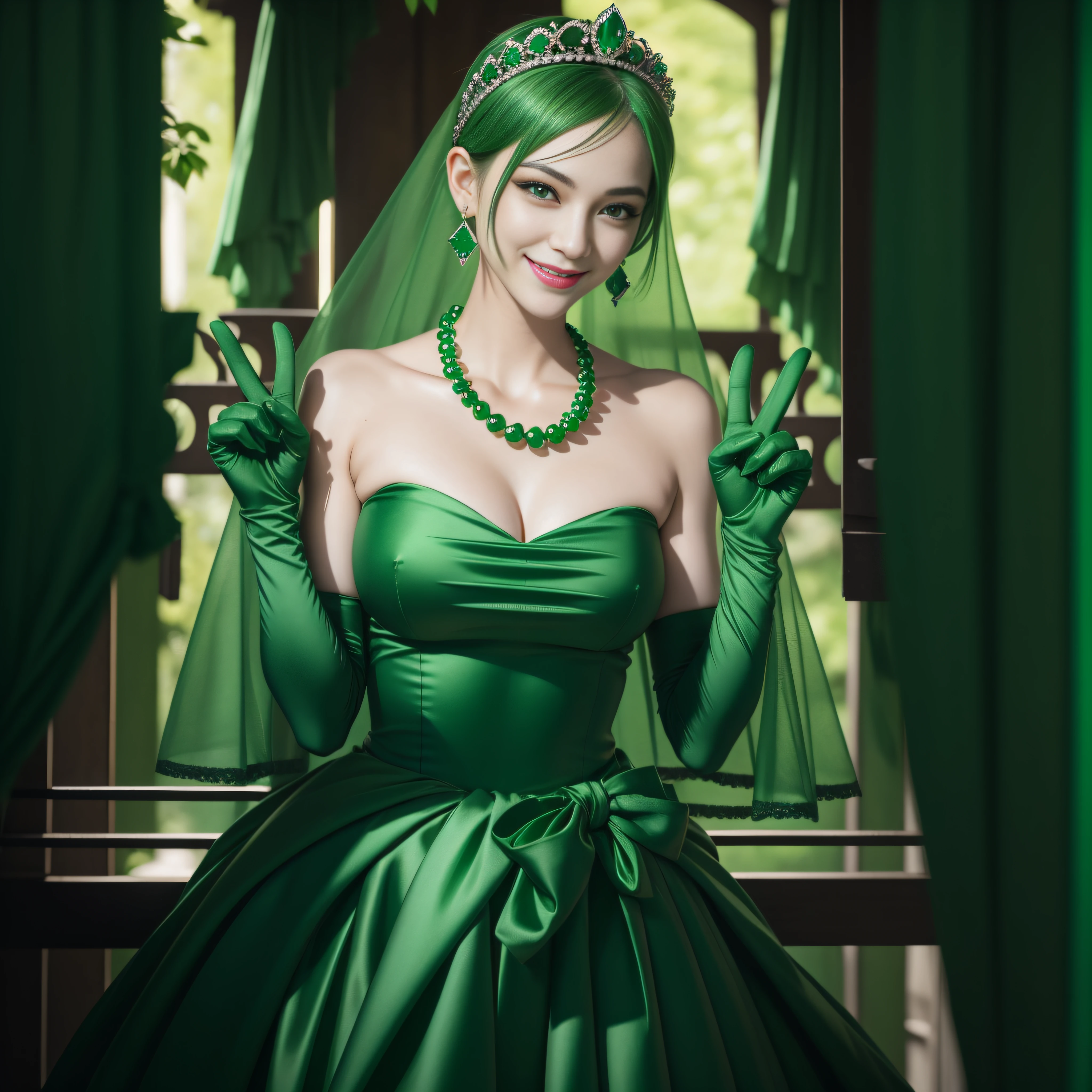 emerald tiara, Green Pearl Necklace, Boyish very short green hair, lipsticks, Japan woman smiling, very short short hair, big breasts beautiful, Green eyes, Long green gloves made of satin material, Green eyes, v sign,V-sign with both hands, Emerald Earrings, Green hair
