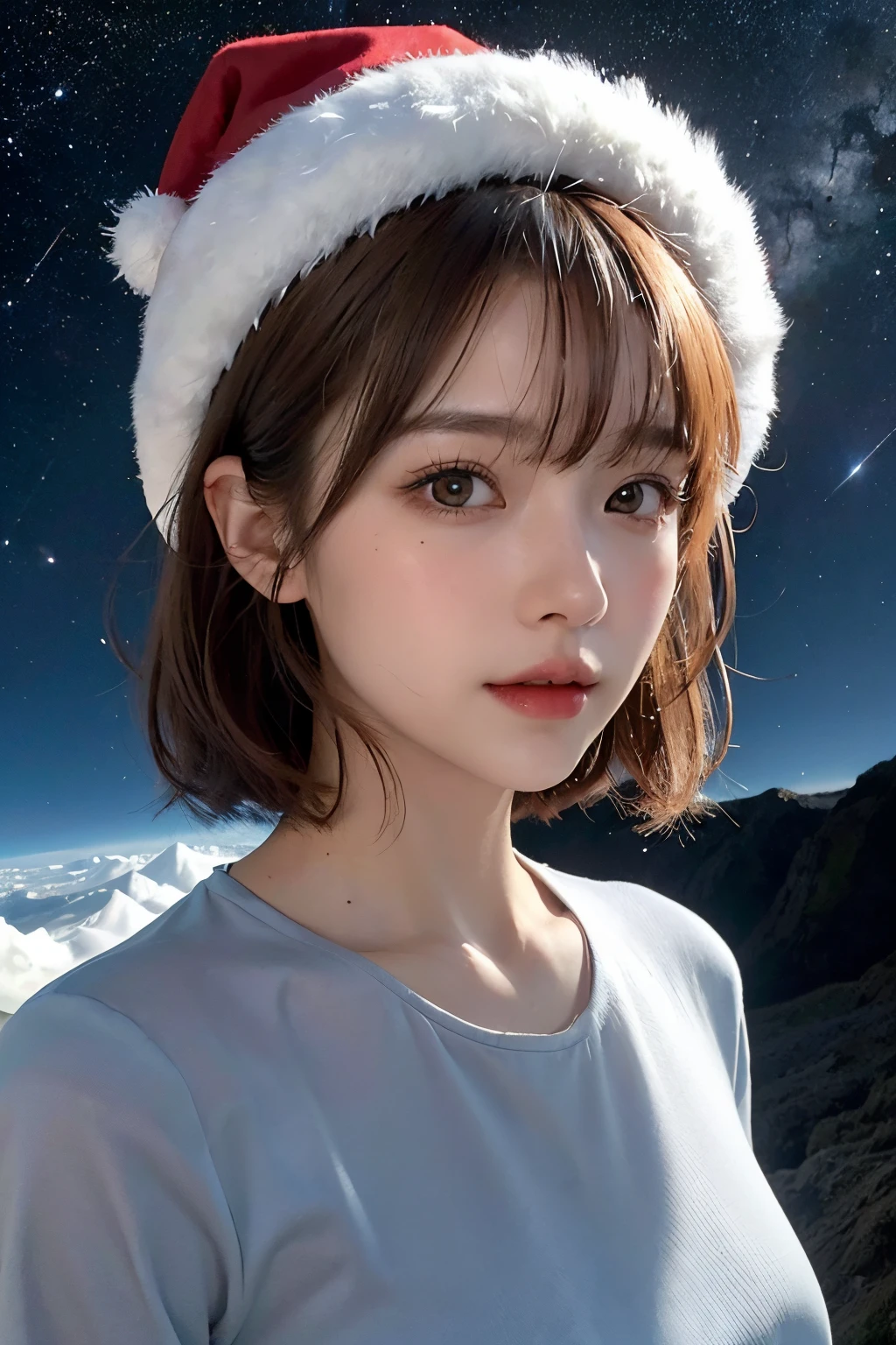 top-quality、masterpiece、超A high resolution、(realisitic:1.4)、Beautuful Women1、Beautiful detail eyes and skin、ssmile、Light brown short-cut hair、The perfect spacesuit、Dark outer space、lots of shooting stars、santa hat、