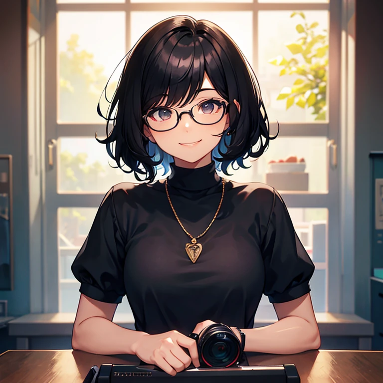 Short black hair, glasses, bob hair, loosely wavy hair, smile, face facing forward, likes games, in the room, alone, upper body