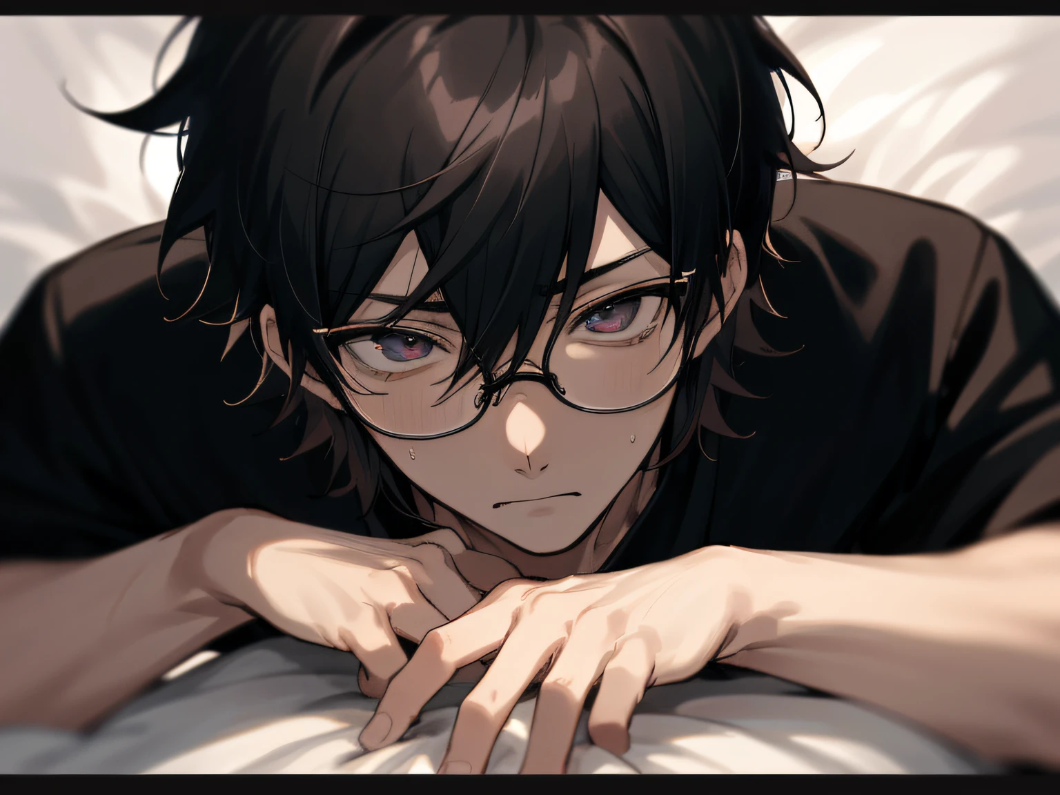 20代のmale people、,male people, 26 year old,yandere,Cool,1 male、Depressive Atmosphere,Black hair,glasses on the futon,ムラムラ,Black shirt,eyes are brown,extreme close - up,Dynamic Angle,Impatient expression,Background Hotel,a bed,natta