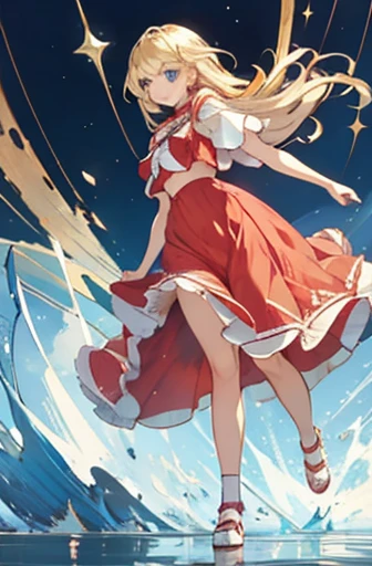 masterpiece, best quality, sketch, 1girl, solo, female focus, looking at viewer, , depth of field, , realistic, chika_shinmoto, blonde hair, blue eyes, , The Shattering Isles, long hair, midriff, red dress, full body