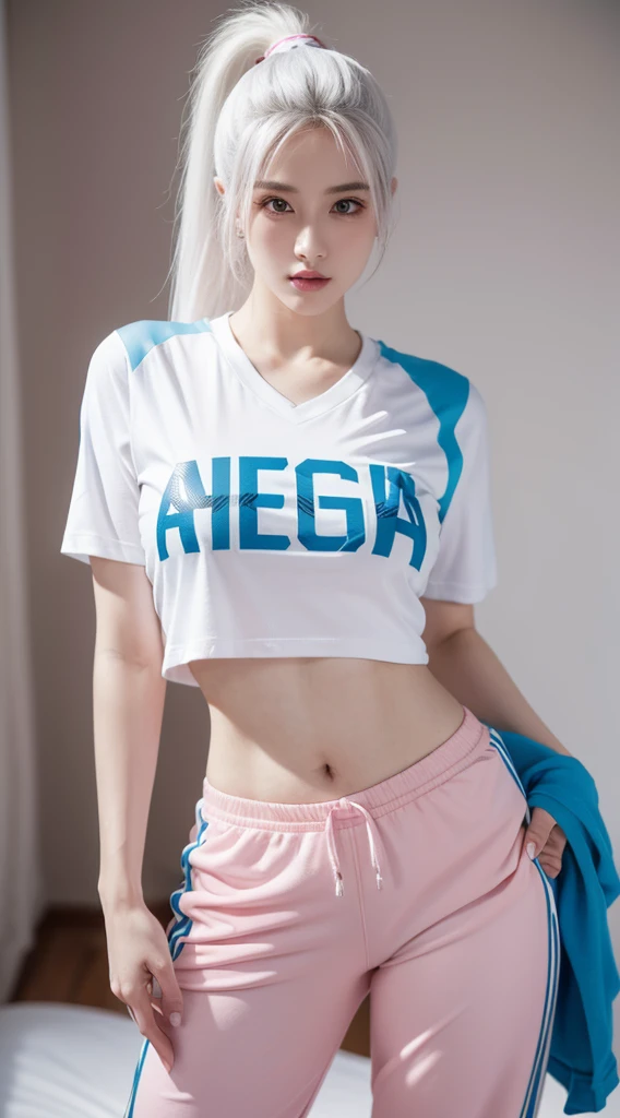 A beautiful woman standing, wearing ((Argentina t-shirt, jersey pants)), pale skin, smooth pale skin, skin tune pink, perfect body, detailed body, cute face, white hair, ponytail hair, super detailed, 8k