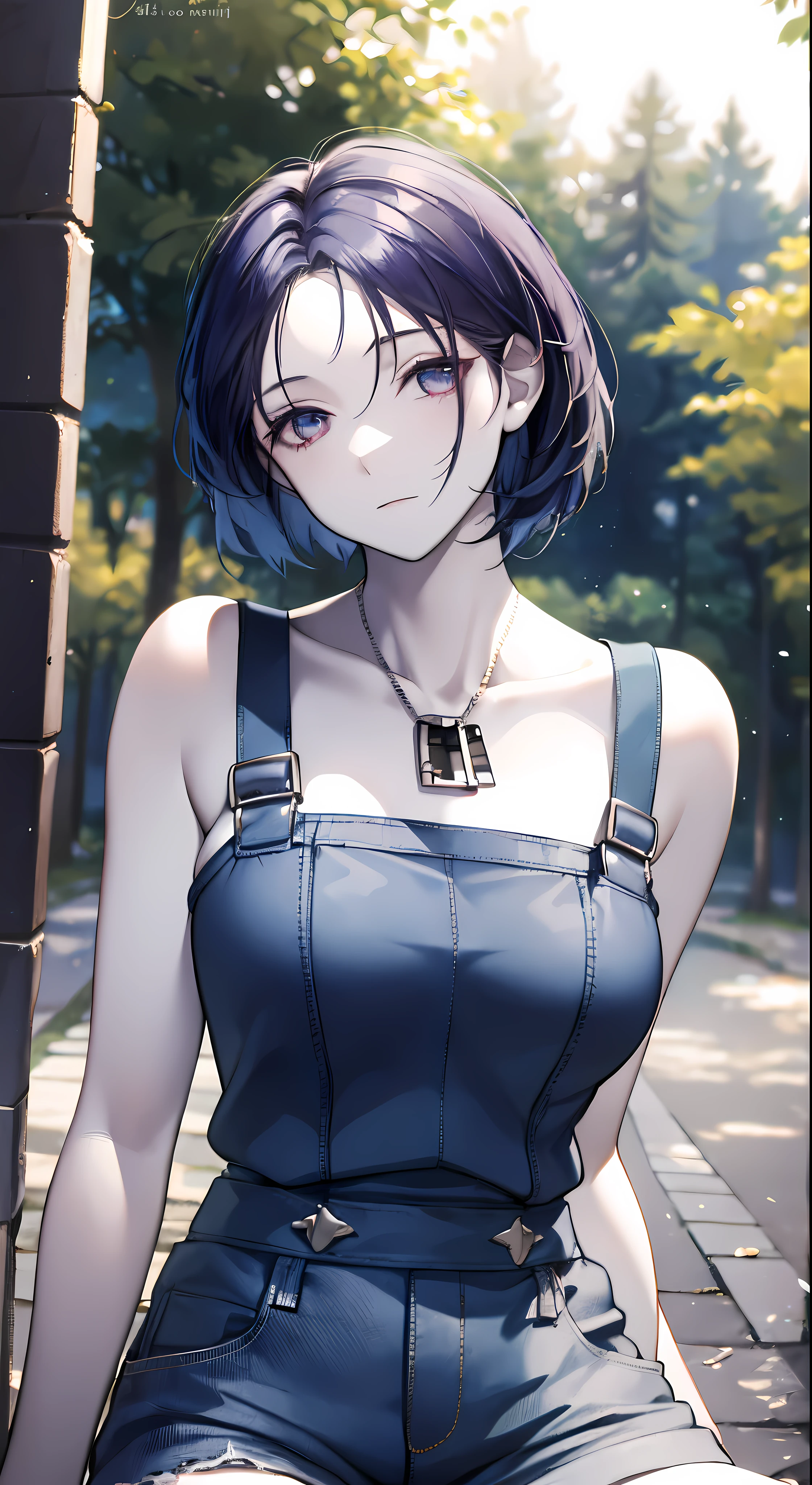 (masterpiece:1.2), (pale skin:1.2), (solo:1.2), (female:1.1), (emphasis lines:1.3), short hair, dark hair, bare shoulders, denim overall, outdoors, trees, closed mouth, collarbone