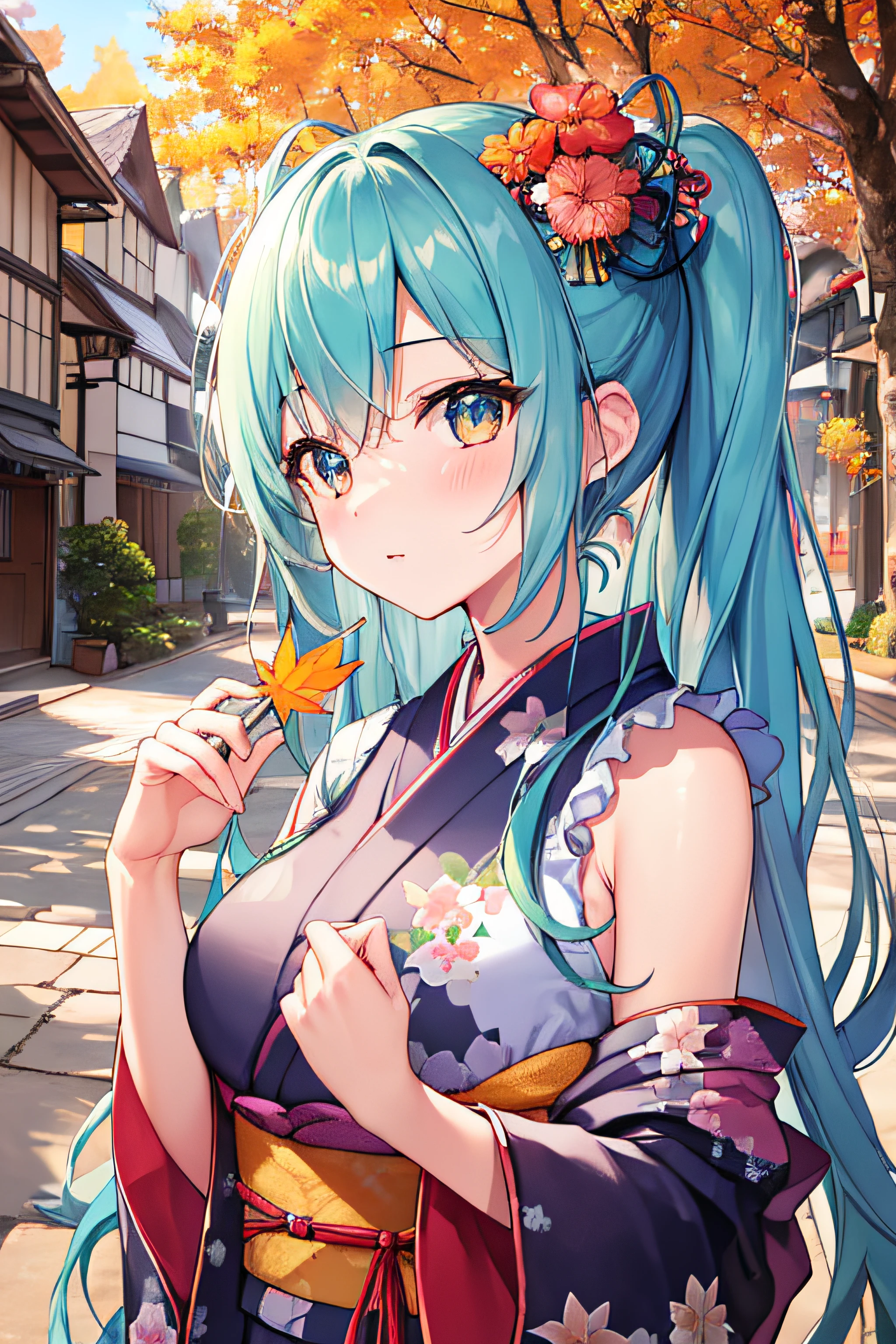 ​masterpiece、Top image quality、超A high resolution、miku hatsune、blue hairs、Twin-tailed、Blushing、Cute and shy、japanese kimono、firm breasts、well-shaped breasts、kyoto、Japan、during daytime、Autumn leaves、Autumn