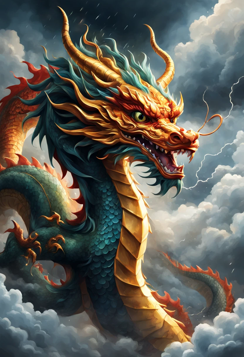 a cute traditional Chinese dragon gliding through a thunderstorm, depicted through captivating digital illustration. The artwork showcases the dragon's powerful and graceful movement against a backdrop of clouds and flashes, its long tail creating intricate patterns within the clouds. Intense and vivid hues amplify the majestic ambiance, highlighting the dragon's celestial journey. The dragon's expression reflects a blend of power and tranquility while he is facing forward. Dynamic lighting adds depth and dimension to the dragon's presence amidst the clouds. Pro vector, perfect MINIMALISTIC art HIGH QUALITY details, Ultra high details, full design, victoria, vibrant vector, deep lines, heavy strokes.