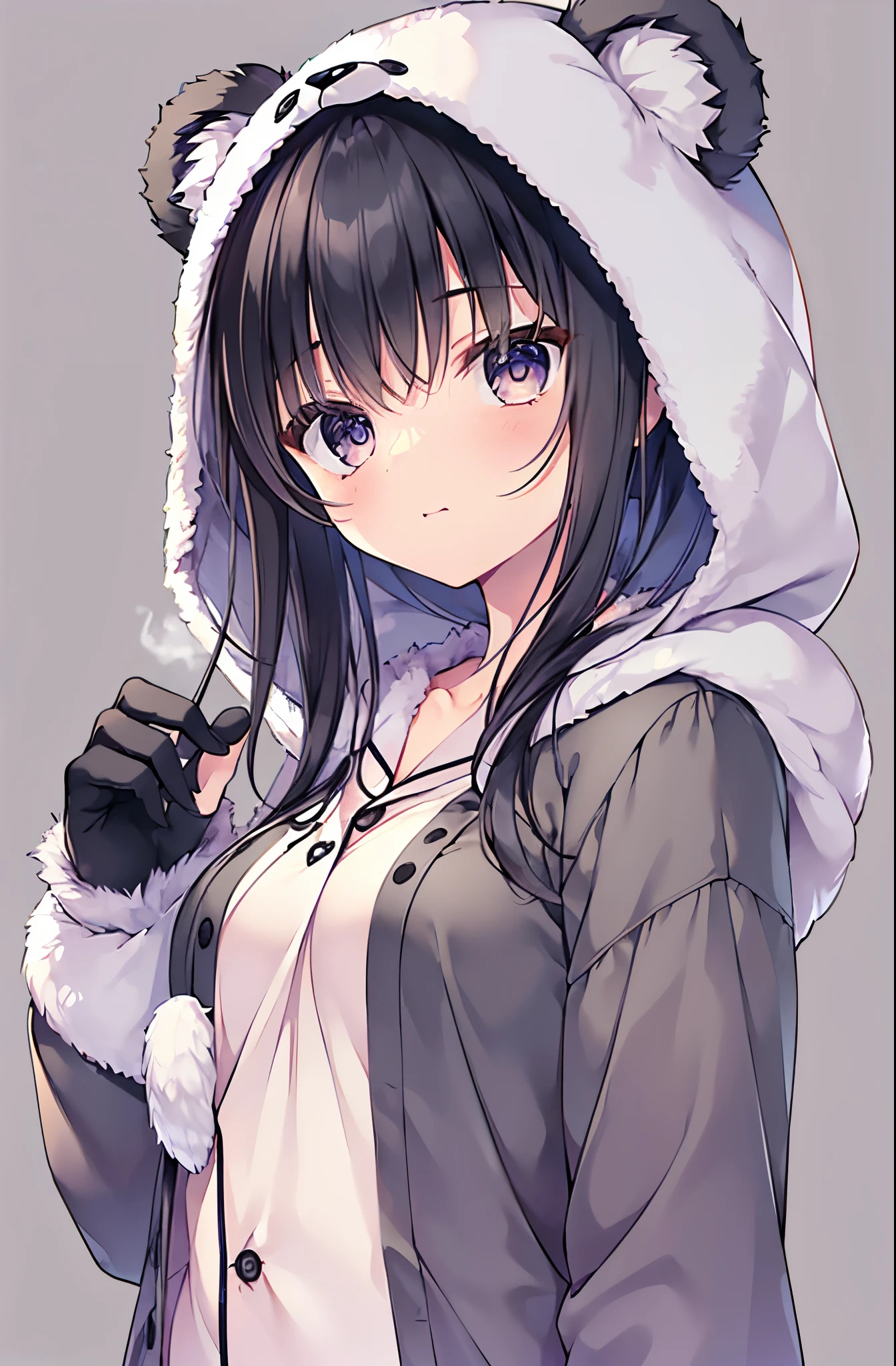 1girl in、facing front、bustup、Upper body、(white backgrounid)、depth of fields、(simple background)、Two-side-up、BREAK (Fluffy bear costume pajamas:1.4), (Open pajamas:1.2), (Black pajamas:1.4), Animal Hoodie, Hood Up, Bear hoodie, Bear ears, oversized hoodie, (wearing bear paw gloves:1.nffsw,５Finger