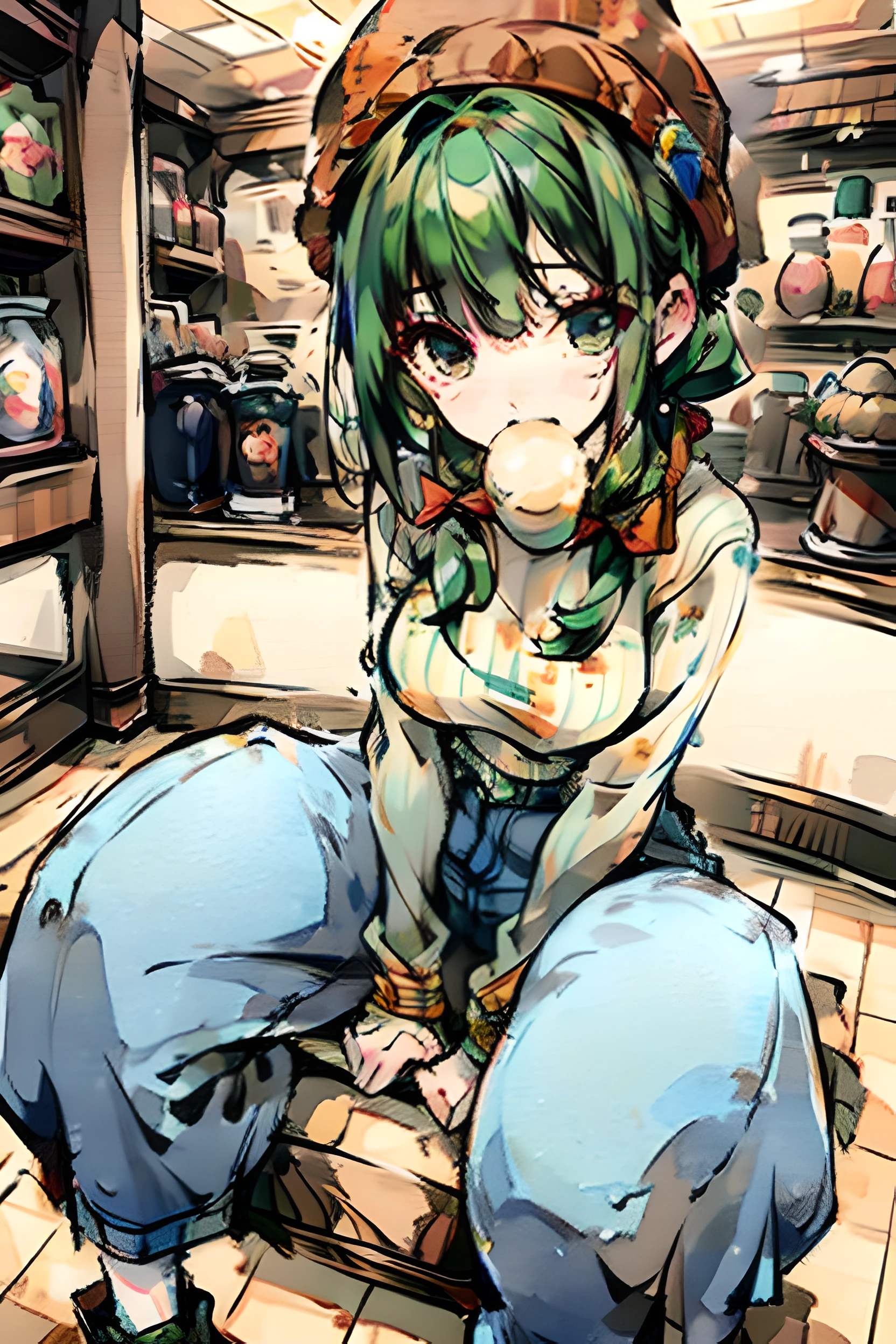 1girl, solo, Coffee shop, green hair, beanie, sweater, jeans, sitting on chair, dynamic pose, indoors,