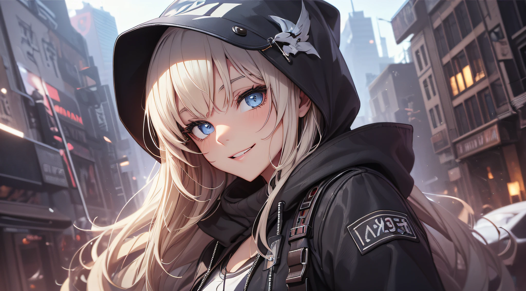 top-quality、Top image quality、​masterpiece、teens girl((Wearing a hood、Black hoodie with open chest、Black skirt、18year old、 Ager、Best Bust、big bast,Beautiful light blue eyes, Long Blonde Hair、A slender,Large valleys、Reflecting the whole body、Laugh、The best smile、dye one's cheeks red、stare、the eyes are shining、piece sign)),hiquality、Beautiful Art、Background with((On the rooftop、Beautiful Meteor、Yuki))​masterpiece、depth of fields,