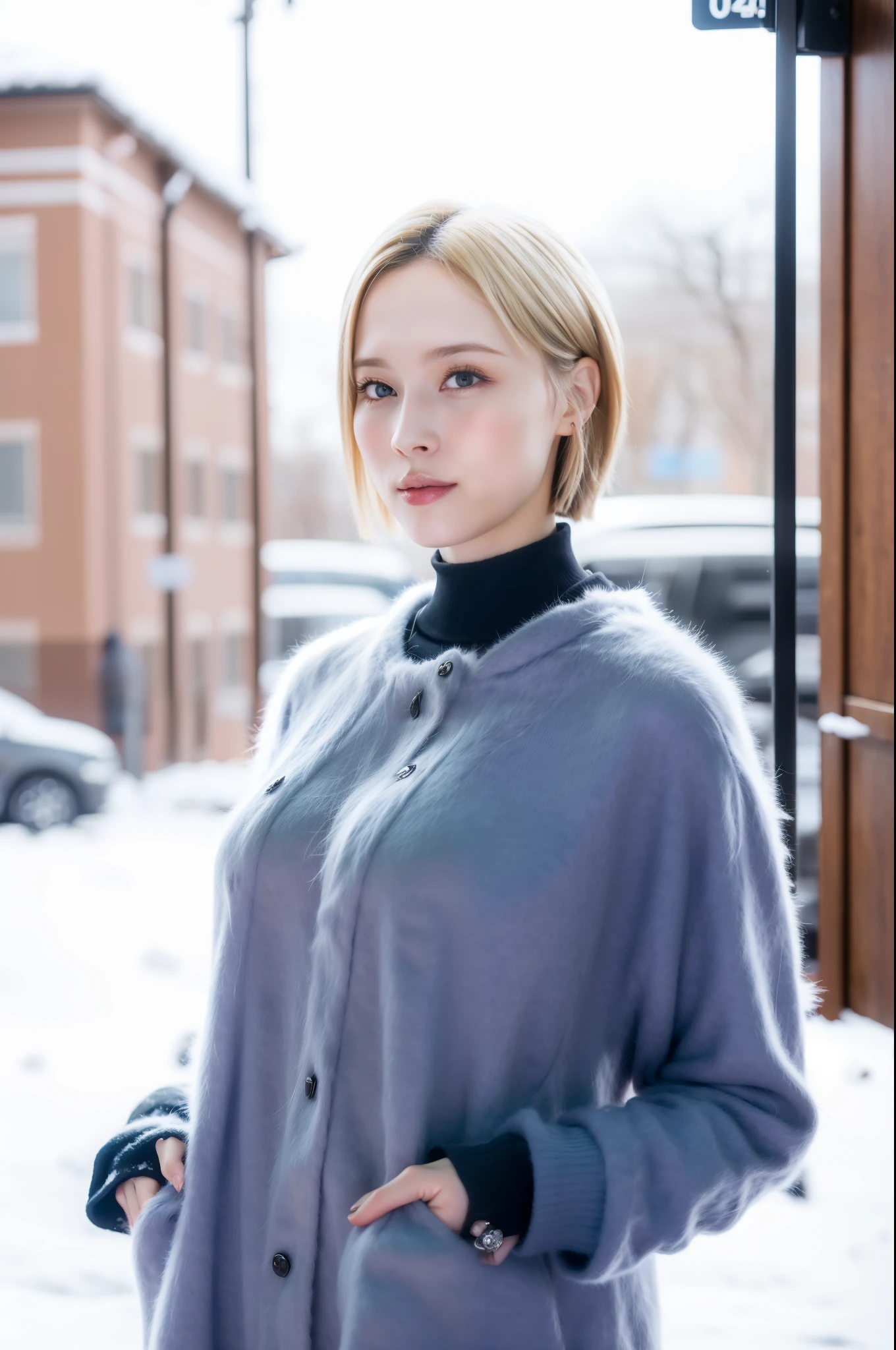 Professional portrait photo of ((wnter), (aspwnter)), in Winterbekleidung, blondes Haar, sultry flirtatious look, Beautiful symmetrical face, cute natural makeup, elegante, warme Wintermodekleidung tragen, ((Standing outside in the snowy city street)), atemberaubende moderne Umgebung, ultra realistisch, Konzeptzeichnung, elegant, Highly detailed, kompliziert, Scharfer Fokus, Depth of field, f/1. 8, 50mm, upper body, ((Pony)), (((Professionell farblich abgestuft))), helles, weiches, diffuses Licht, (Volumetrischer Nebel), Auf Instagram im Trend, HDR 4K, 8K