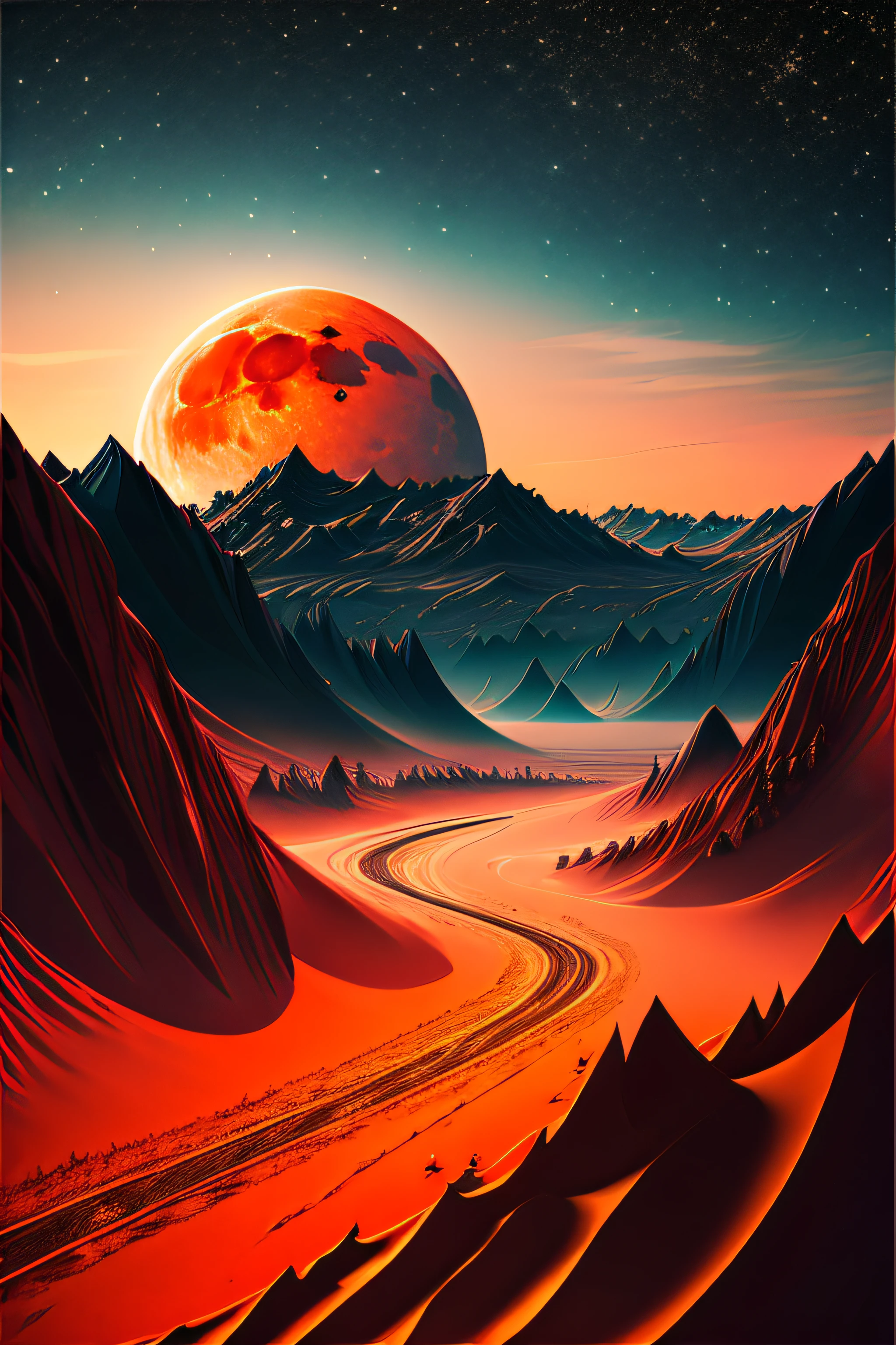 Generate an image of a red moon rising over a distant planet or moon, casting a warm glow on the landscape. Experiment with different terrains and atmospheric effects.