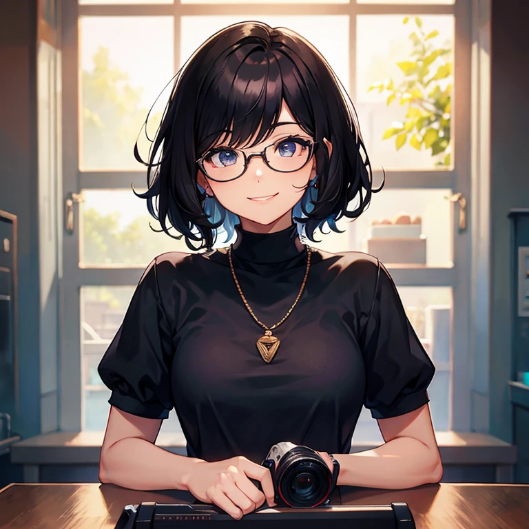 Short black hair, Glasses, Bob Hair, Loosely wavy hair, Smile, Face facing forward, I like the game, in the room, Alone, Upper body