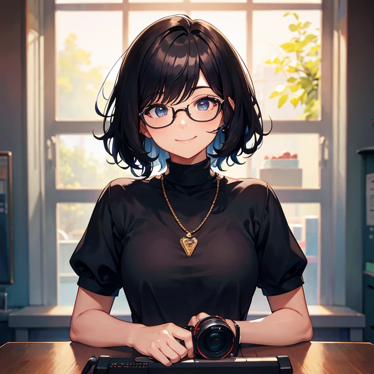Short black hair, Glasses, Bob Hair, Loosely wavy hair, Smile, Face facing forward, I like the game, in the room, Alone, Upper body
