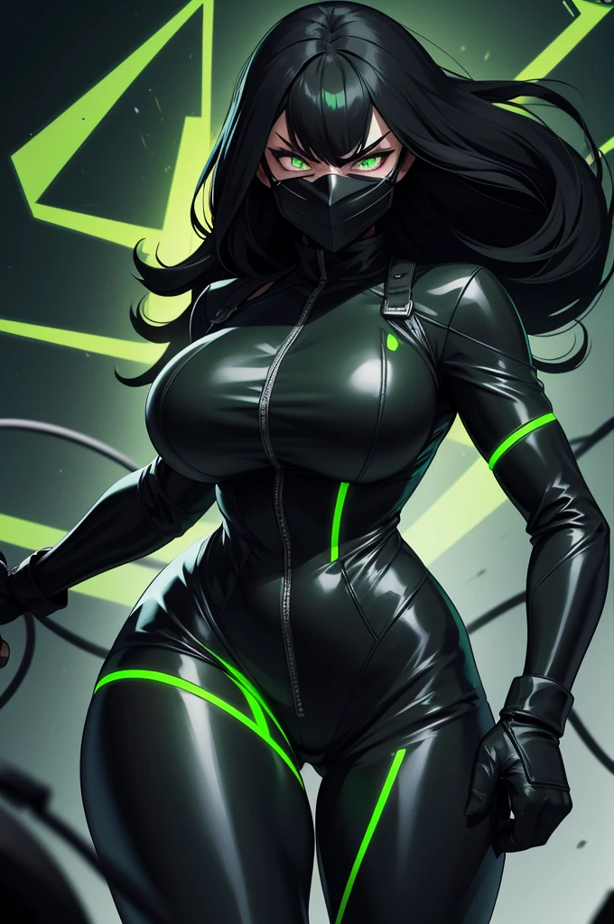 Strong woman villain, Angry face, Black mask over eyes, long black hair, Green glowing eyes, black Rubber bodysuit, Long black rubber gloves, long black rubber boots, silver machine attached to back, Green liquid wires on wrist attached to machine on back.