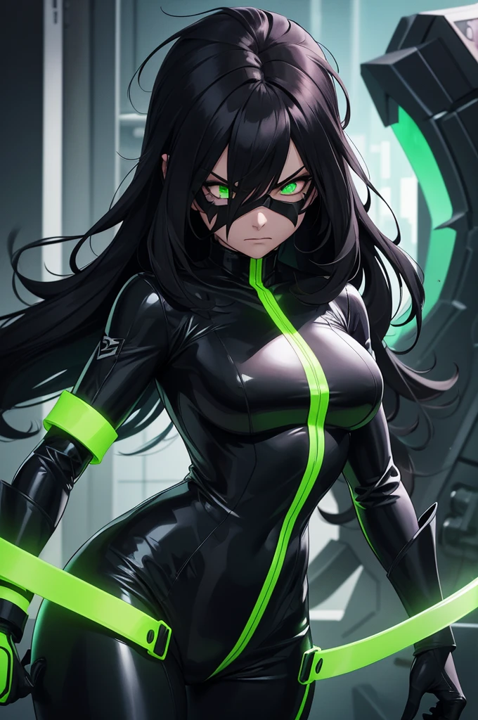 Strong woman villain, Angry face, Black mask over eyes, long black hair, Green glowing eyes, black Rubber bodysuit, Long black rubber gloves, long black rubber boots, silver machine attached to back, Green liquid wires on wrist attached to machine on back.