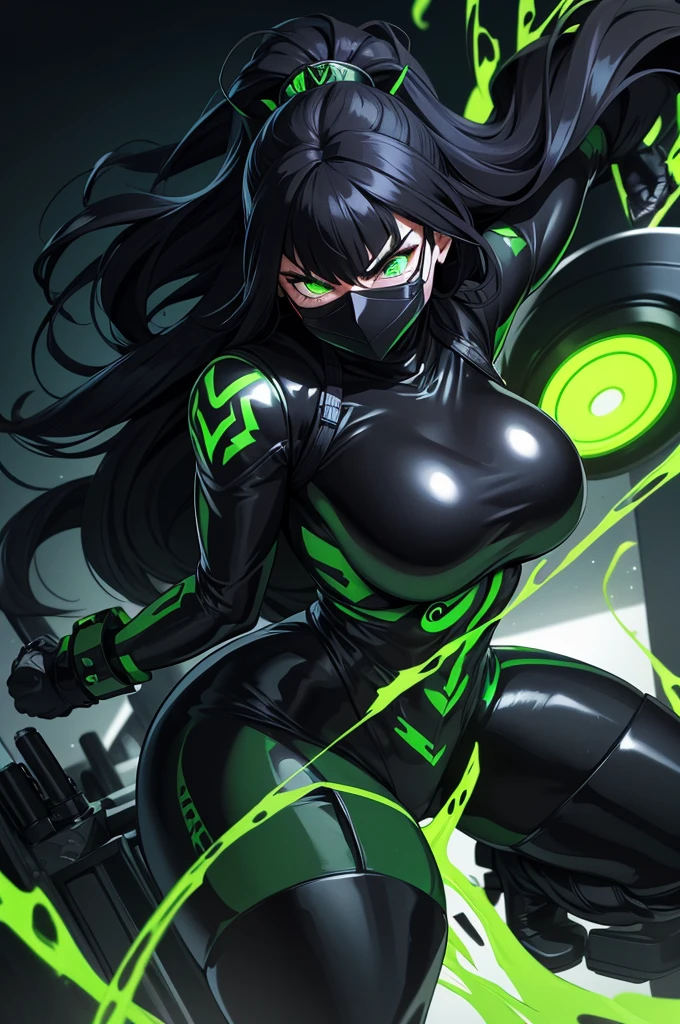 Strong woman villain, Angry face, Black mask over eyes, long black hair, Green glowing eyes, black Rubber bodysuit, Long black rubber gloves, long black rubber boots, silver machine attached to back, Green liquid wires on wrist attached to machine on back.
