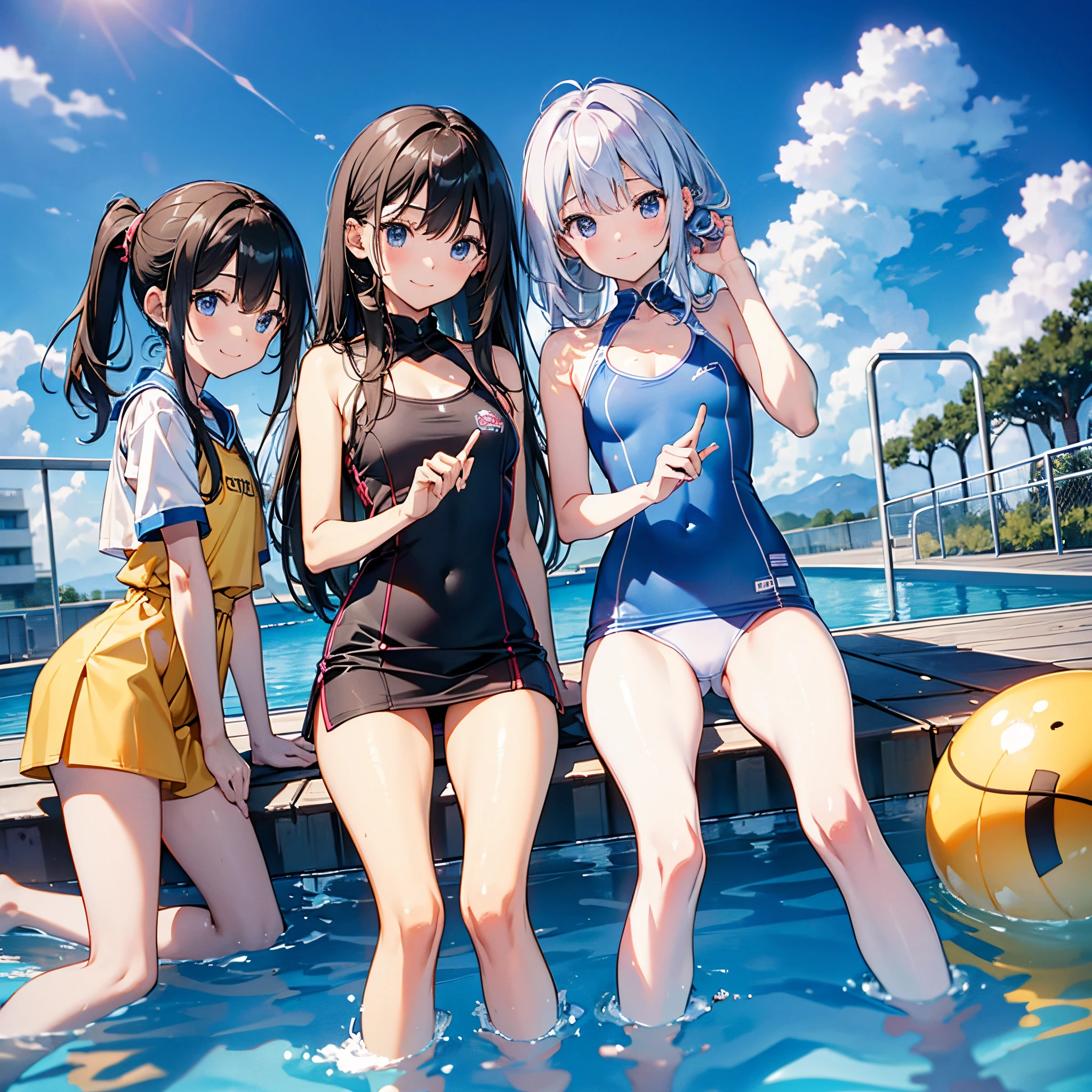 ((4k、8k、top-quality、Perfect Finger:1.3、Perfect Anatomy:1.3、Blur the background))、((a 、14years、Small breasts))、(trls、The first one has straight long hair、The second person has ponytail hair)、a smile、(swim wears)、Full body depiction、zoomout、in poolside、