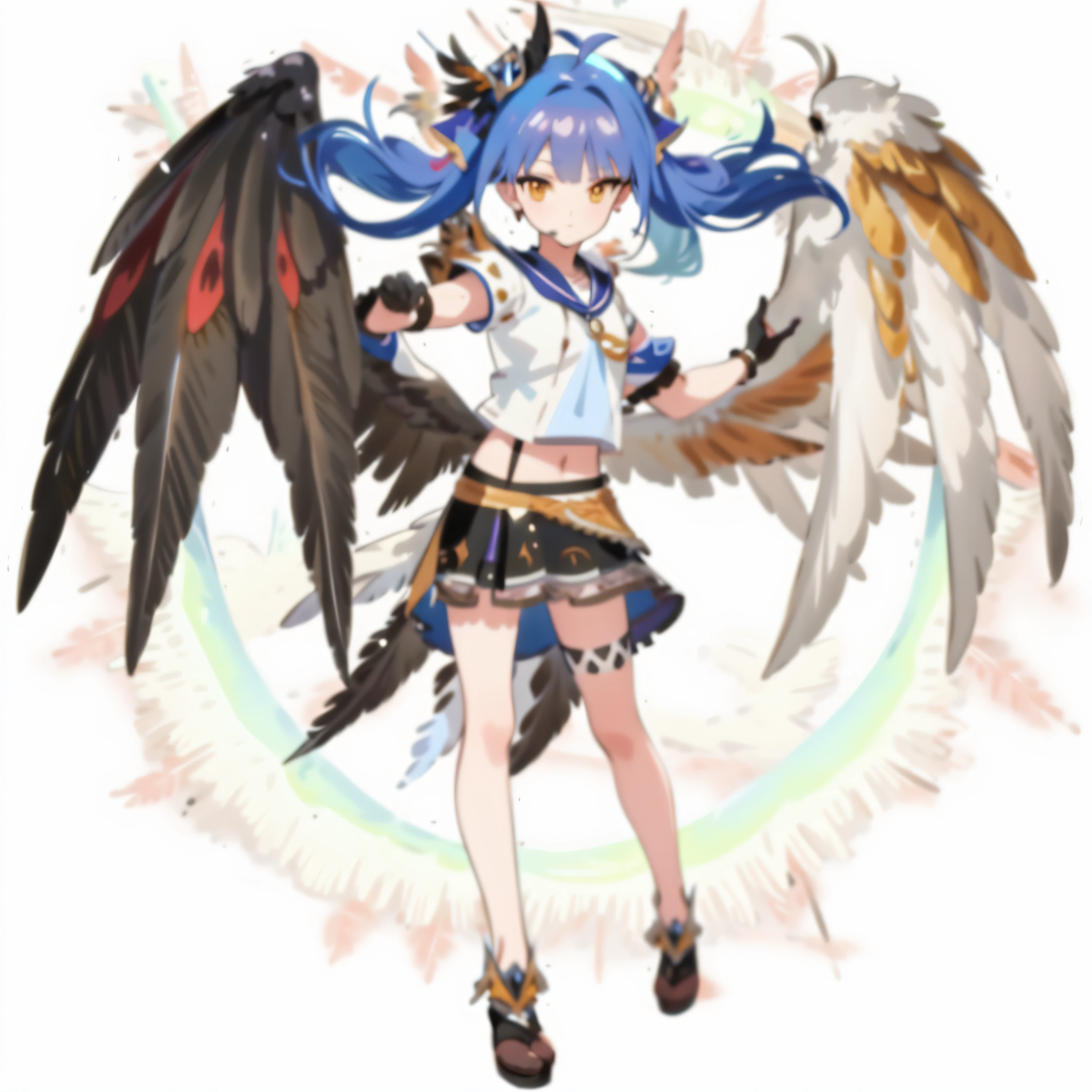 Close-up of a person with a bird on a white background, mika kurai demon, Ayaka Genshin Impact, with large wings, official artwork, ayaka game genshin impact, as a mystical valkyrie, anime monster girl, Ophanim has bird feathers, Huge wings growing from the arms, from arknights, mystical anubis valkyrie