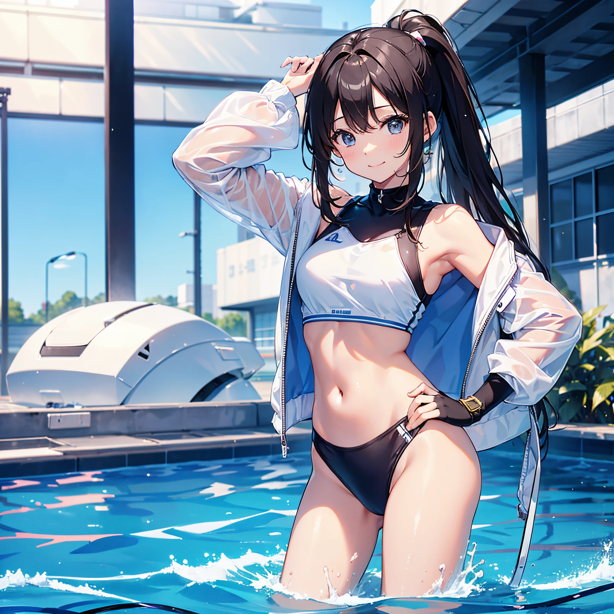 ((4k、8k、top-quality、Perfect Finger:1.3、Perfect Anatomy:1.3、Blur the background))、((a junior high school student、14years、Small breasts))、(twogirls、The first one has straight long hair、The second person has ponytail hair)、a smile、(swim wears)、Full body depiction、zoomout、in poolside、