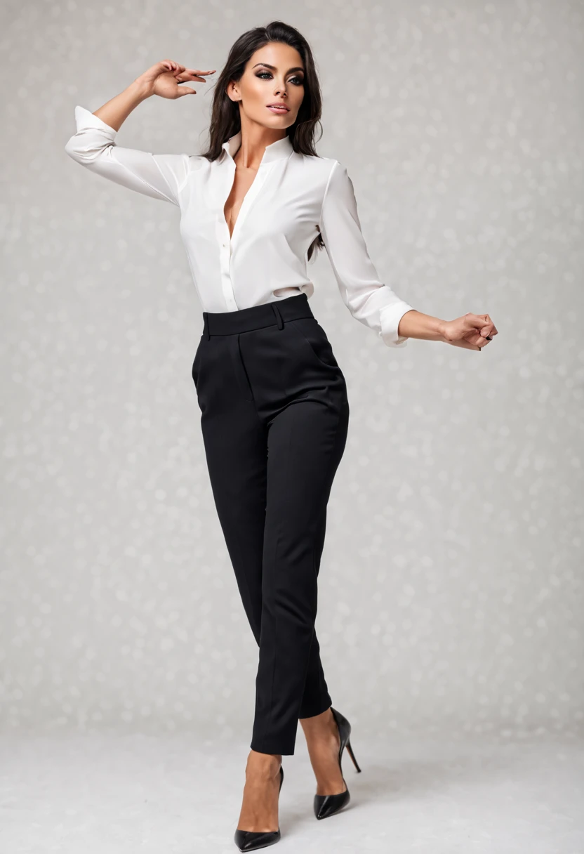 beautiful woman, Strong physique, blusa social de cor branca, long black pants, sapatos sociais de cor branca, cabelo lisos, olhos prateados, slender appearance, elegante, with arms outstretched, olhar sorridente