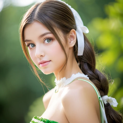 young woman with her hair tied back、White costume、ligh brown hair、Green eyes
