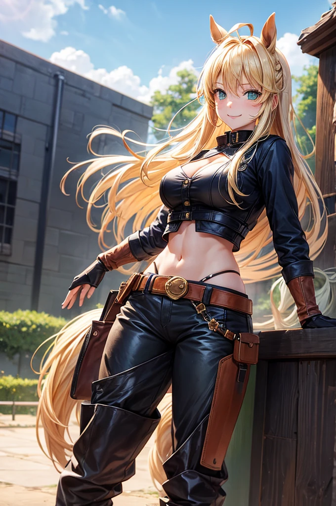 (horse:1.3), Pants, Cowboy Shot, 1girl in, Blonde hair, Long hair, Green eyes, Solo, Ahoge,Midriff, long boots, Smile, Navel,Belt bag, cleavage, BREAK,