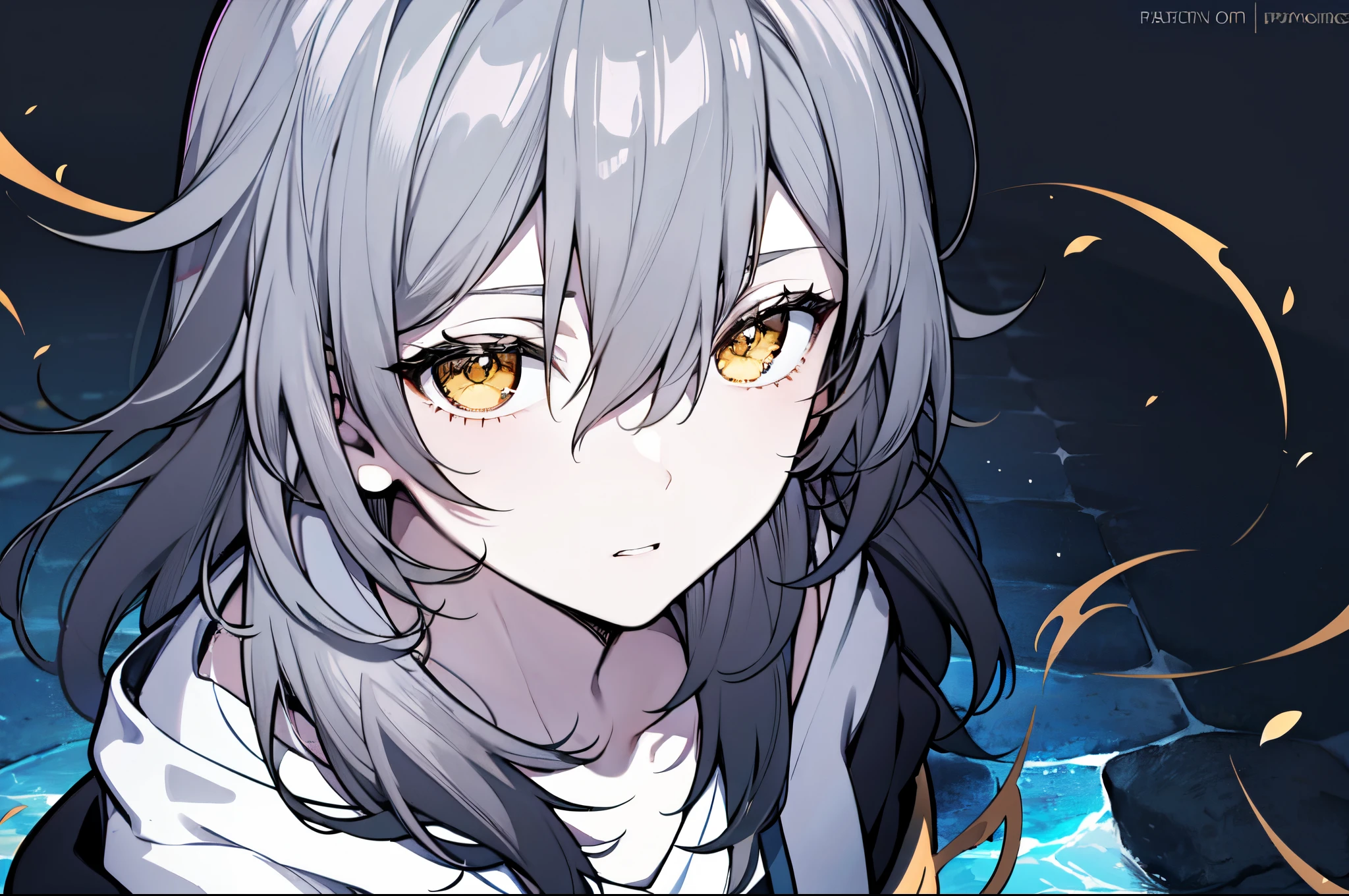 (masterpiece:1.2), (pale skin:1.2), (solo:1.2), (female:1.1), (emphasis lines:1.3), long hair, collarbone, gray hair, yellow eyes, ground, from above, (uneasy)