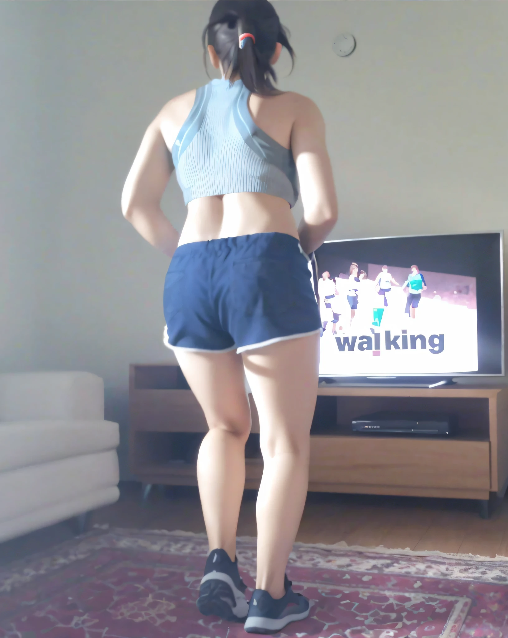 woman in shorts in front of a television, walking away from camera, tiro longo das costas, walking away from camera, tiro longo de costas, tiro nas costas, side view of her taking steps, tiro pelas costas, tiro traseiro, seen from back, waist reaching ponytail, from the back, Costas - Pneu, back and standing