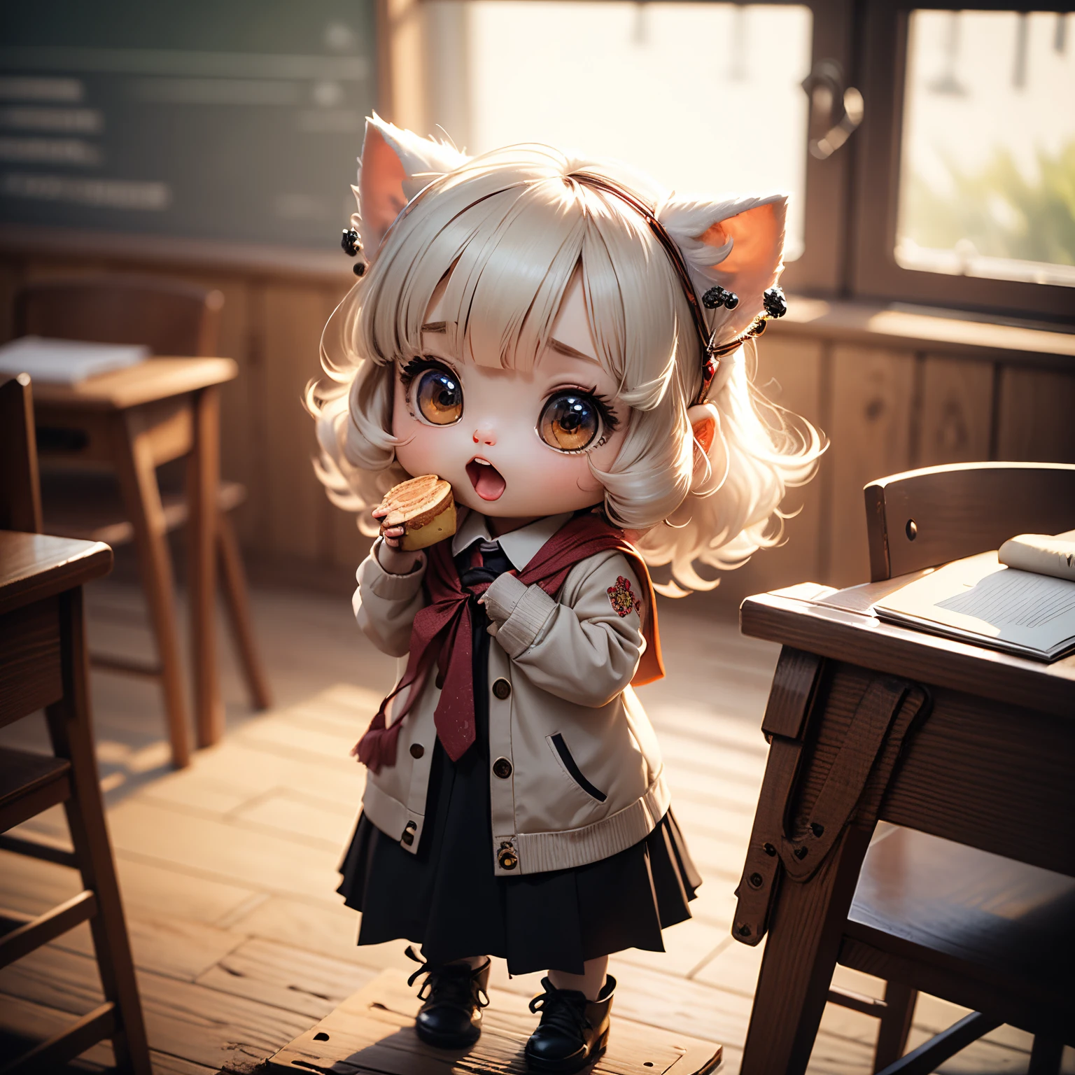 ​masterpiece、top-quality、ultra-detailliert、(Chibi Chara's Daughter:1.2),Big hilarity,white bob curly hair,School Days,classroom by the window、open your mouth and laugh、Full-body standing figure