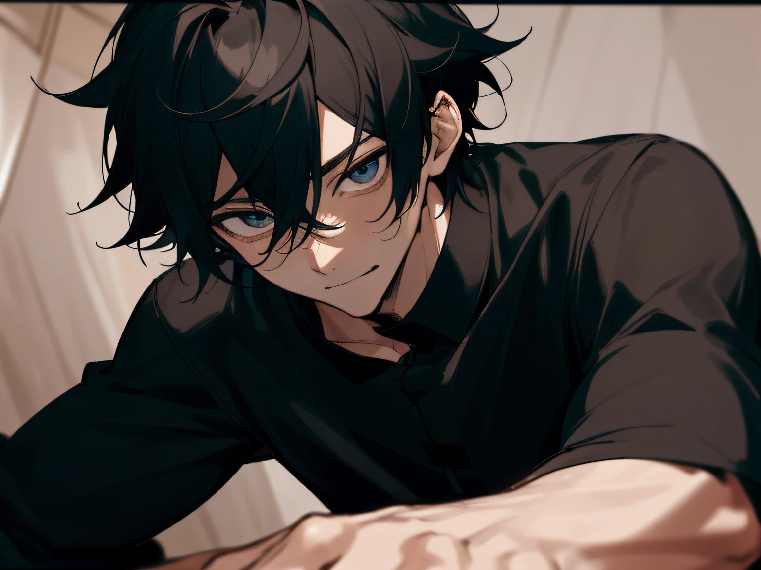Anime guy with black hair and blue eyes leaning on a table - SeaArt AI