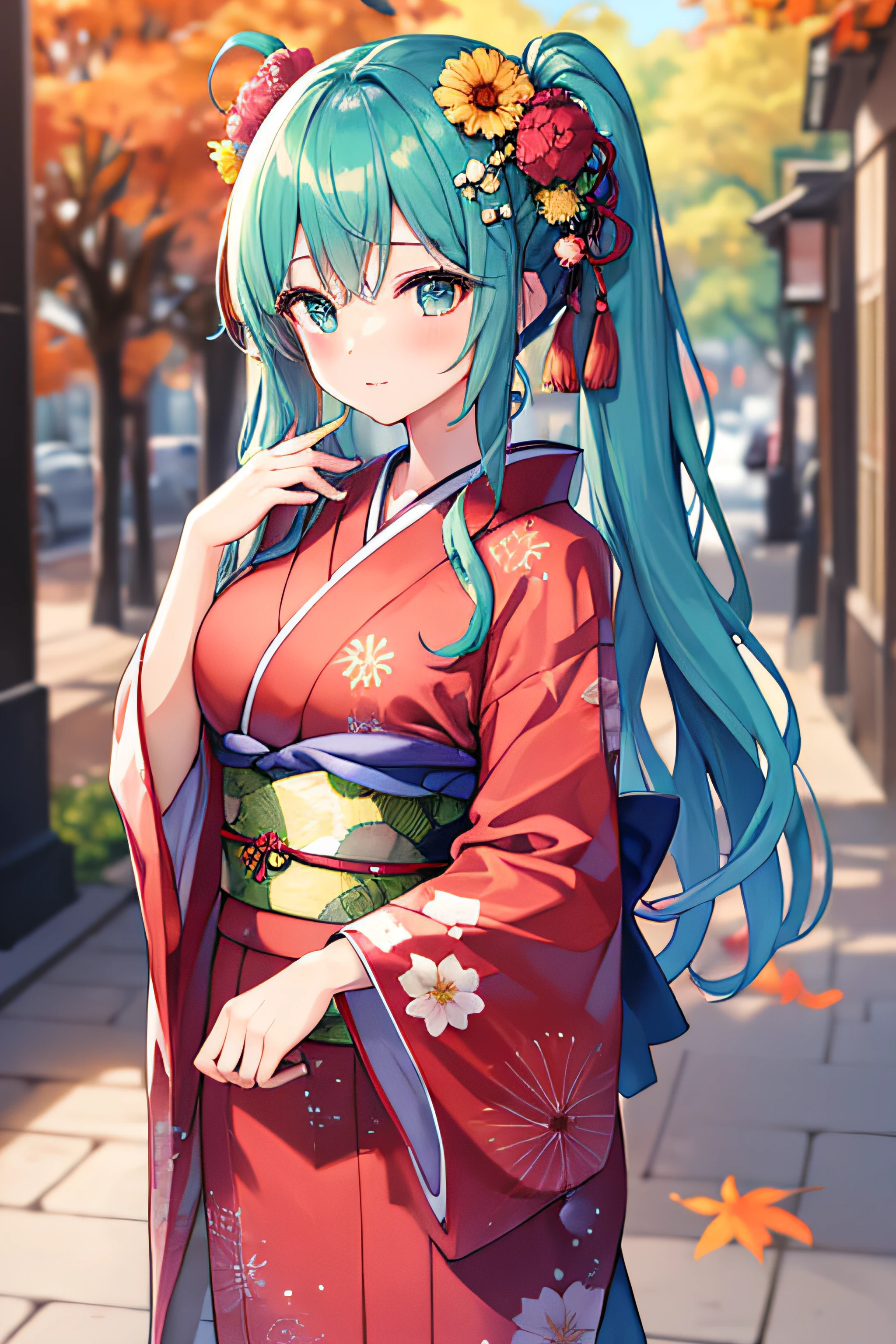 masterpiece、Top image quality、超A high resolution、miku hatsune、blue hairs、Twin-tailed、Blushing、Cute and shy、japanese kimono、firm breasts、well-shaped breasts、kyoto、Japan、during daytime、Autumn leaves、Autumn