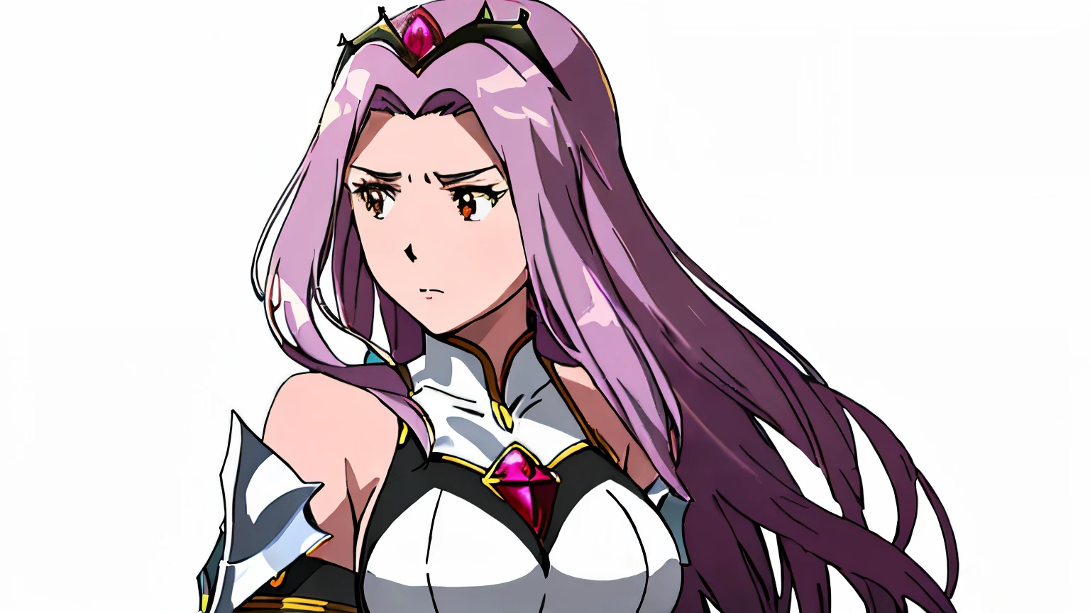 Close-up of a woman in a white dress costume holding a sword, knights of zodiac girl, portrait knights of zodiac girl, Woman with long purple hair, Brown-eyed woman, anime goddess, rei hino as a princess, Muscular woman, feminine and muscular, Shining ruby armor, oppai,  huge tit, had very large breasts, ((a beautiful fantasy empress)), Enchanting Queen Night, Dressed in light armor, Dress Armor Lady, Galactic Queen, Crystal Ruby Armor, a matural female, tall, appeal, High quality anime art style, smooth anime cg art, Queen Night, digital manga art, magical girl anime mahou shojo, Ruby Princess, Ruby reflective armor,