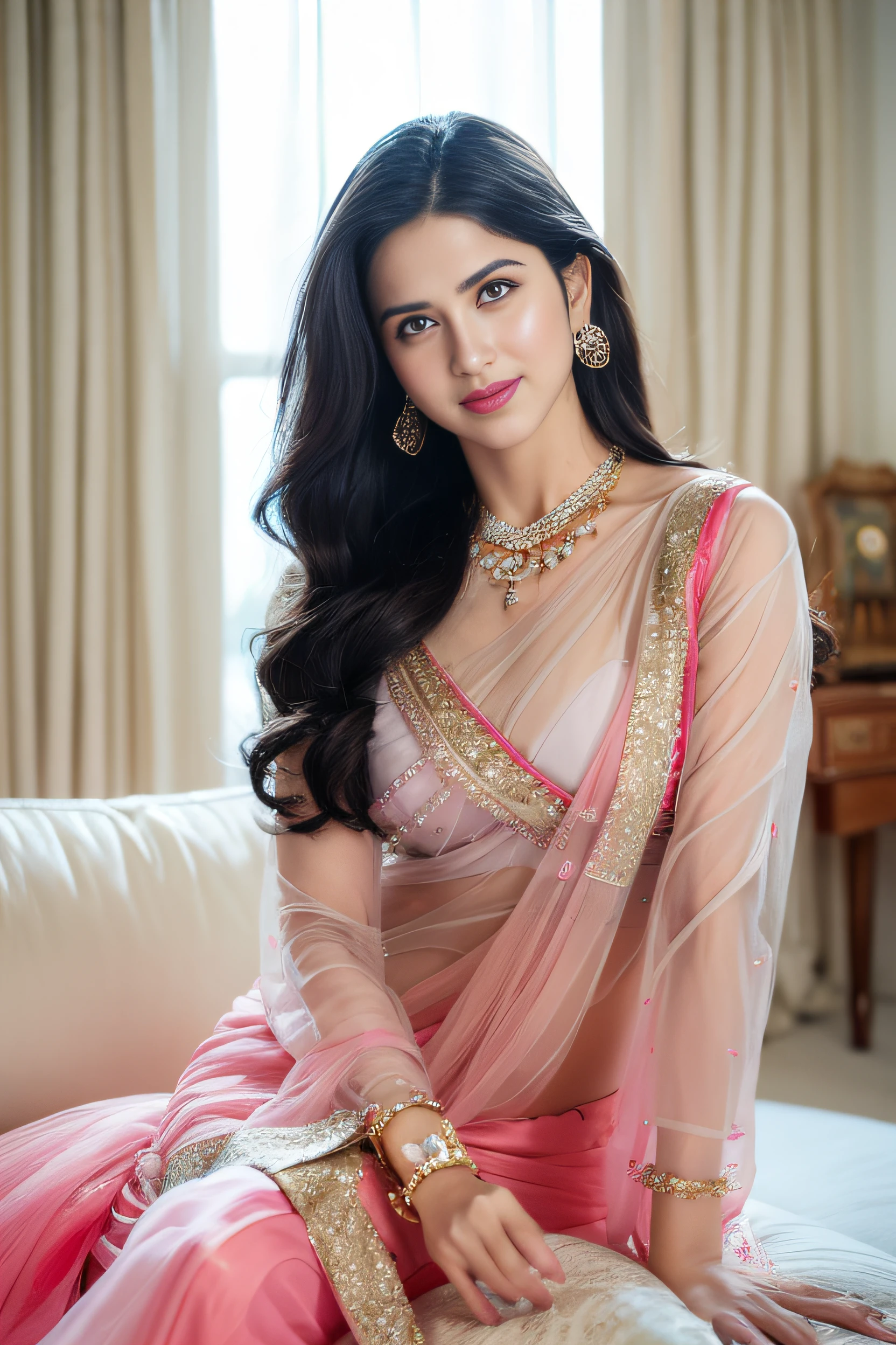 Wear pink elegant transparent saree sitting, gorgeous royal, (((Katrina kaif:1.2))), portrait of a beautiful Indian woman, From Golden Skin, 23 years old, Pretty woman, Indian model, ((sitting on a bed)), (in pink elegant transparent saree:1.5),((wearing see through saree:1.3)), (elegant saree:1.3),(((transparent micro saree))), ((setting on the green sofa)), ((in the living room)), near the balcony, ((reading books)), ((looking in bookooks in one hand)),((long hair)) (Slim abdomen), (Perfect slim figure), (Dynamic pose), Solo, ((open crotch)), (((bare ass))), (Slim:1.1), 1 woman, (Full figure:0.9), Indian clothes,(( long sleeve dress)),((chiffon saree with open pallu)), thick lips, skindentation, parted lips, ulzzang-6500-v1.1, medium hair, smile, closed mouth, lips, saree covered with full body, detailed beautiful round eyes, Indian women, Asian women, Beautiful face, photorealistic, rim lighting, two-tone lighting, gold bracelet, thick lips, indentation, parted lips, (detailed eyes), light blonde hair, blue eye, details still clear, honey-coloured, fluffy turned, HDR, shallow depth of field, broad light, backlighting, bloom, light sparkles, chromatic aberration, sharp focus, (photorealistic:1.2), (realistic:1.5), (hyperrealistic:1.2),(photorealistic face:1.2), (close up:1.6), (light blonde hair), (hazel eyes cheekeautiful face:1.8), (detailed face:1.6), (medium breast:1.2), (detailed bright eyes:1.5), (eyelashes:1.4), (smiling:1.3), (detailed long black hair), , (narrow waist:1.5), (thigh: 1.5), (realistic human skin:1.6), (full ) (detailed eyes), (seductive pose), (detailed facial features), (detailed clothes features), (necklace), (earringracelet), jewellery, gem, necklace, gold bracelet, anklets,(Photorealistic:1.4), (High Quality: 1.2), Raw photo, (Perfect body shape), Deep shadows, Unobtrusive, Cold light 12000K, Nikon Z 85mm, unparalleled masterpiece, ultra-realistic 8k photos, perfect fingers, best quality, hazel eyes, perfect 36-26-36 figure,