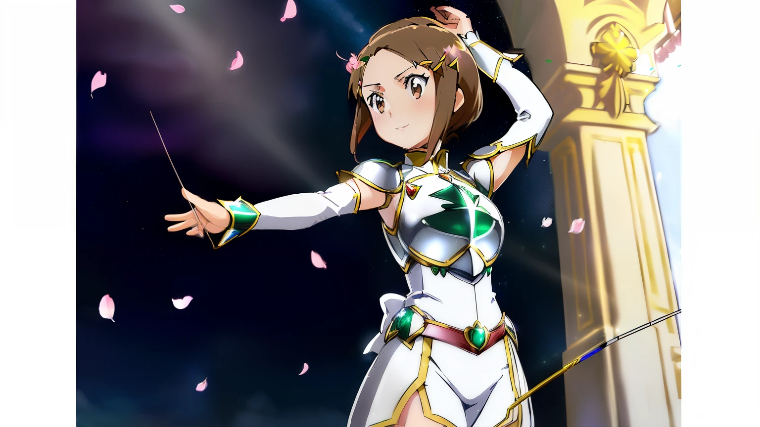 Anime girl wearing white cheongsam costume with bow and arrow, Knight of Sodiak Girl, Sodiak Girl Portrait Knight, Short brown-haired girl, Brown-eyed girl, chignon knot, Chignon Cap, White cheongsam, Emerald armor, Dress Armor Girl, seductive princess knight, anime fencer, Smooth Anime CG Art, sakura petals around her, shuushuu anime image, Princess Knight, huge tit, Medium breast size, short, a beauty girl, princess intergalactica, Crystal Emerald Armor, Emerald Princess, Emerald reflective armor, High quality anime art style,