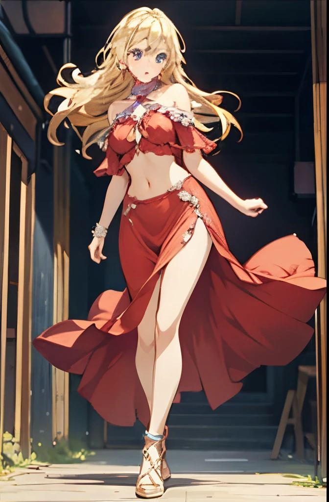 Cindy is slender with fair skin, blonde hair, and red lips. She wears a pink sleeveless loincloth dress with a red ribbon belt and jewelry including her light blue earrings, necklace and a bracelet